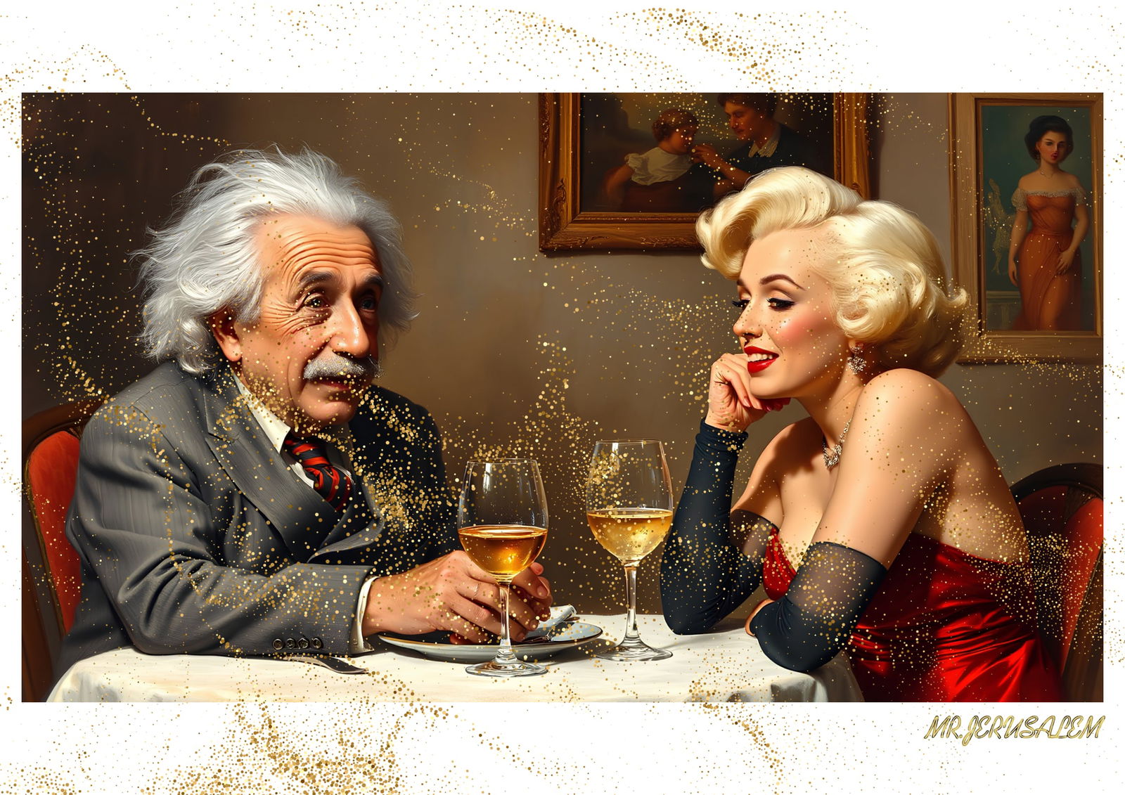 "Mr.Jerusalem, "Albert Einstein having dinner with Marilyn Monroe-D1" "Original, A2 Poster pri: Original A2 Poster Digital print on paper, Solid Finishing: Classic (250 gsm gloss) Artist Digital signature Stamped / seal Watermark seal Sizes- 420 X594mm Sold unframed
