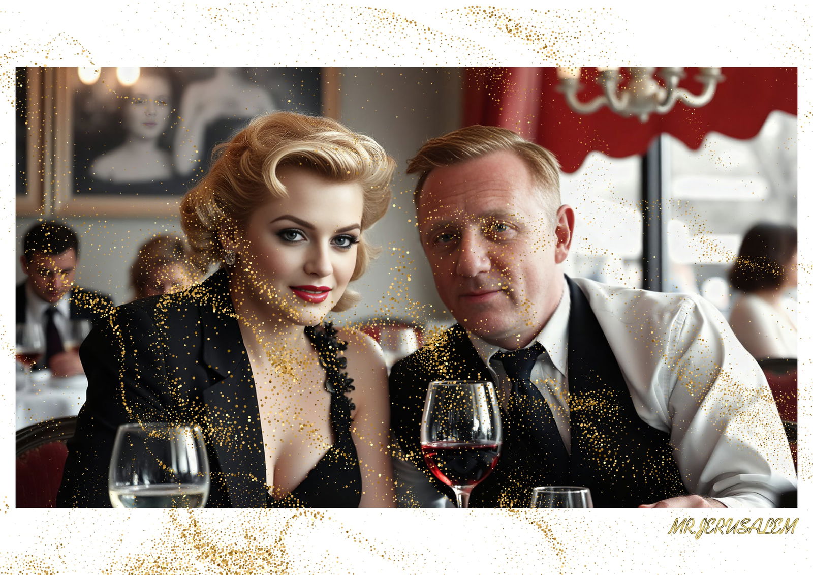 "Mr.Jerusalem, "Francois-Henri Pinault having dinner with Marilyn Monroe-D2" "Original, A2 Pos: Original A2 Poster Digital print on paper, Solid Finishing: Classic (250 gsm gloss) Artist Digital signature Stamped / seal Watermark seal Sizes- 420 X594mm Sold unframed