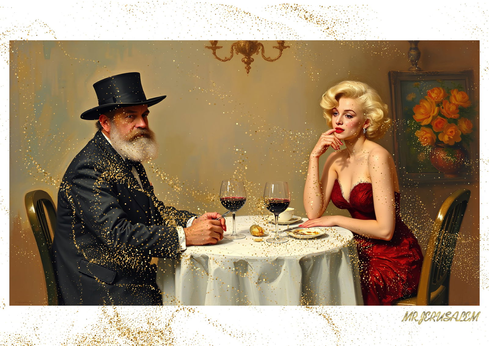 "Mr.Jerusalem, "Claude Monet having dinner with Marilyn Monroe-D2" "Original, A2 Poster print,: Original A2 Poster Digital print on paper, Solid Finishing: Classic (250 gsm gloss) Artist Digital signature Stamped / seal Watermark seal Sizes- 420 X594mm Sold unframed