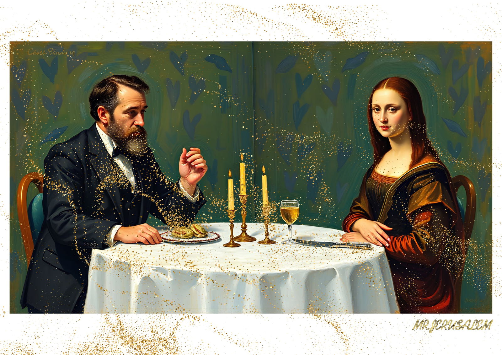 "Mr.Jerusalem, "Claude Monet having dinner with Mona Lisa-D1" "Original, A2 Poster print, stam: Original A2 Poster Digital print on paper, Solid Finishing: Classic (250 gsm gloss) Artist Digital signature Stamped / seal Watermark seal Sizes- 420 X594mm Sold unframed