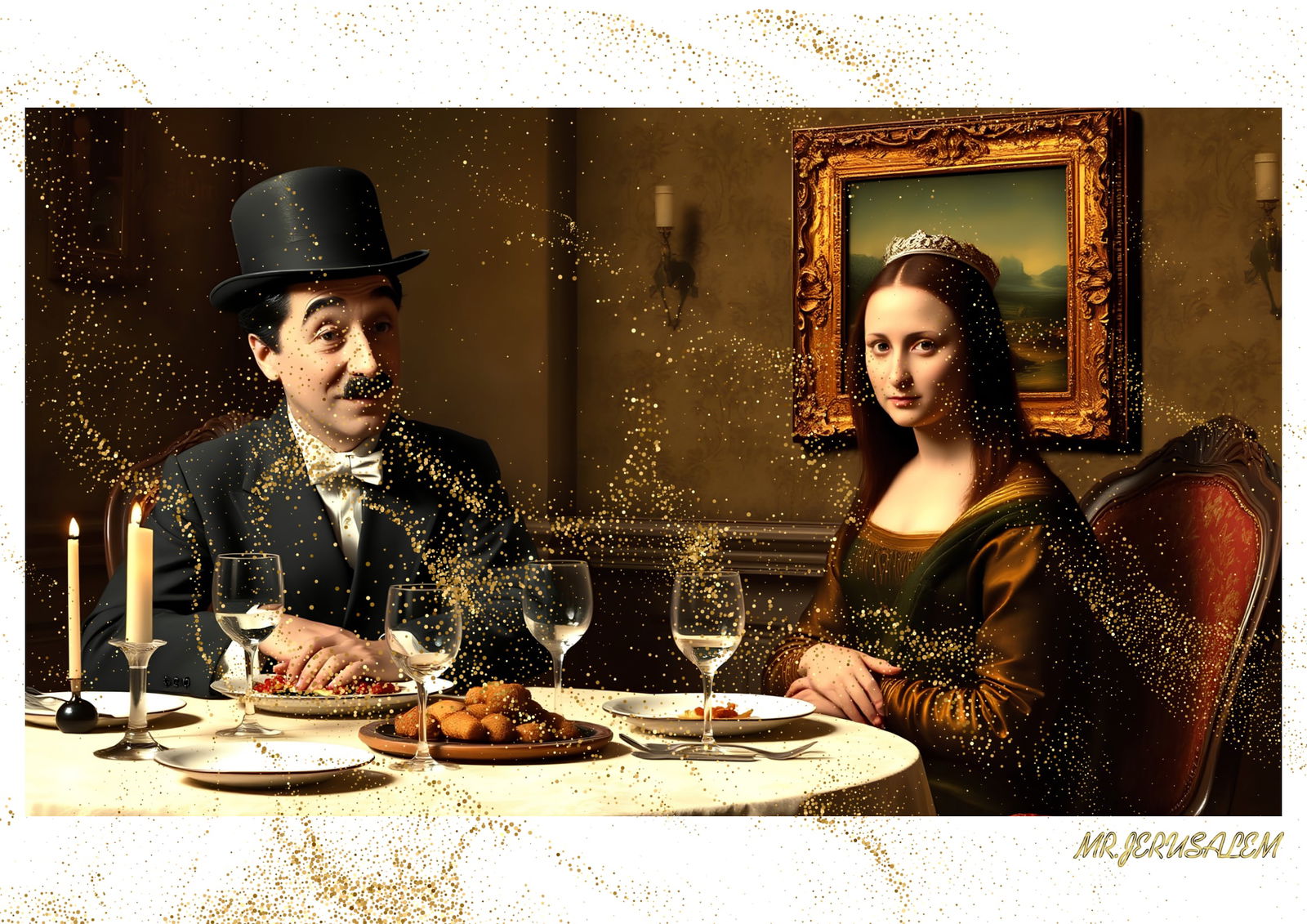 "Mr.Jerusalem, "Charlie Chaplin having dinner with Mona lisa-D1" "Original, A2 Poster print, s: Original A2 Poster Digital print on paper, Solid Finishing: Classic (250 gsm gloss) Artist Digital signature Stamped / seal Watermark seal Sizes- 420 X594mm Sold unframed
