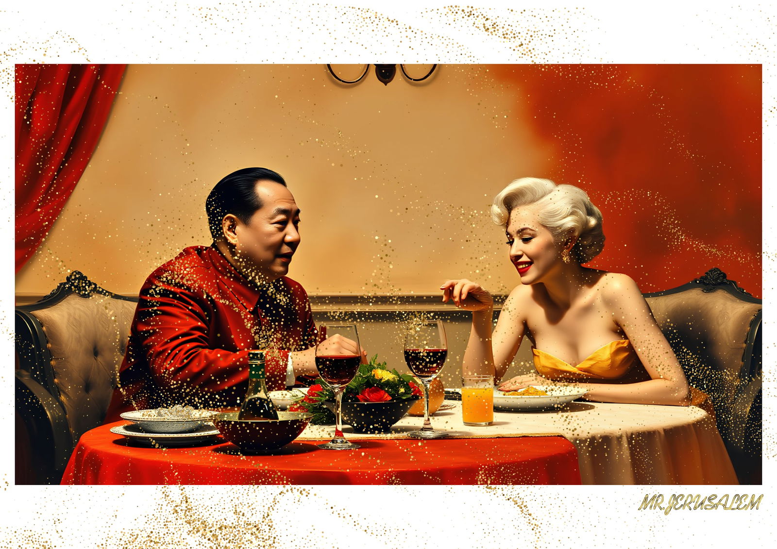 "Mr.Jerusalem, "Chairman Mao having dinner with Marilyn Monroe-D2" "Original, A2 Poster print,: Original A2 Poster Digital print on paper, Solid Finishing: Classic (250 gsm gloss) Artist Digital signature Stamped / seal Watermark seal Sizes- 420 X594mm Sold unframed