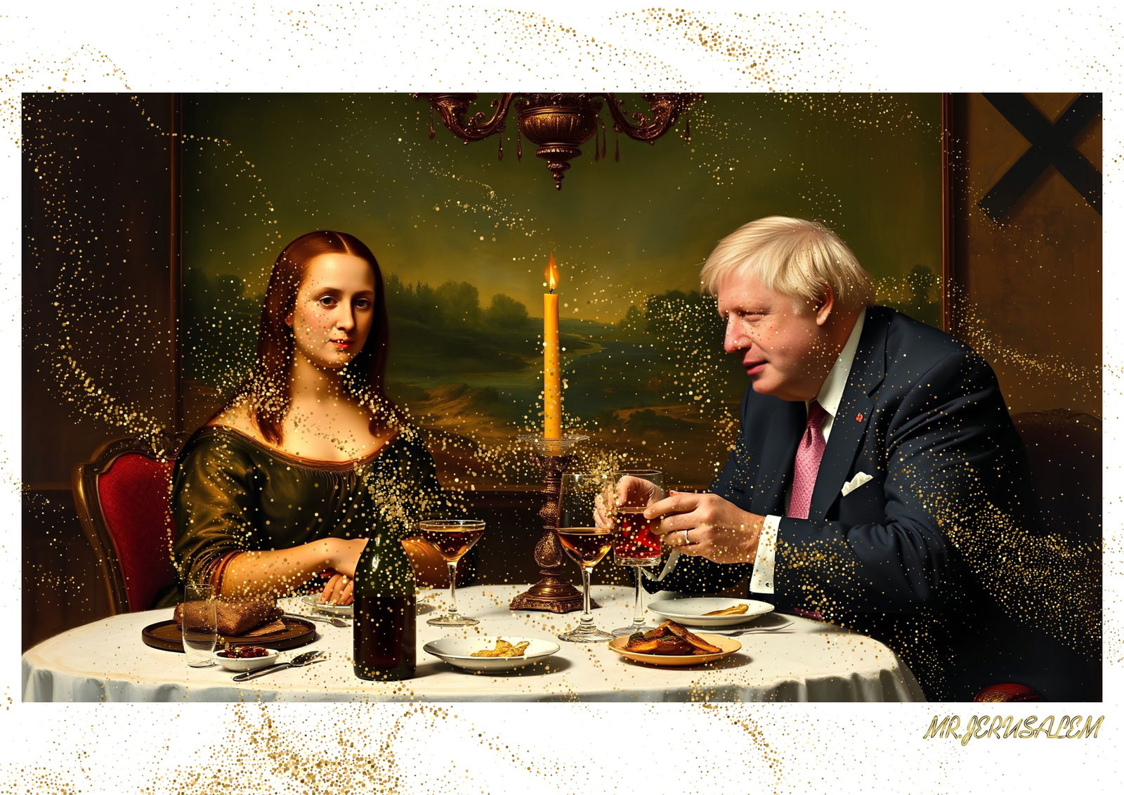 "Mr.Jerusalem, "Boris Johnson having dinner with Mona Lisa-D1" "Original, A2 Poster print, sta: Original A2 Poster Digital print on paper, Solid Finishing: Classic (250 gsm gloss) Artist Digital signature Stamped / seal Watermark seal Sizes- 420 X594mm Sold unframed