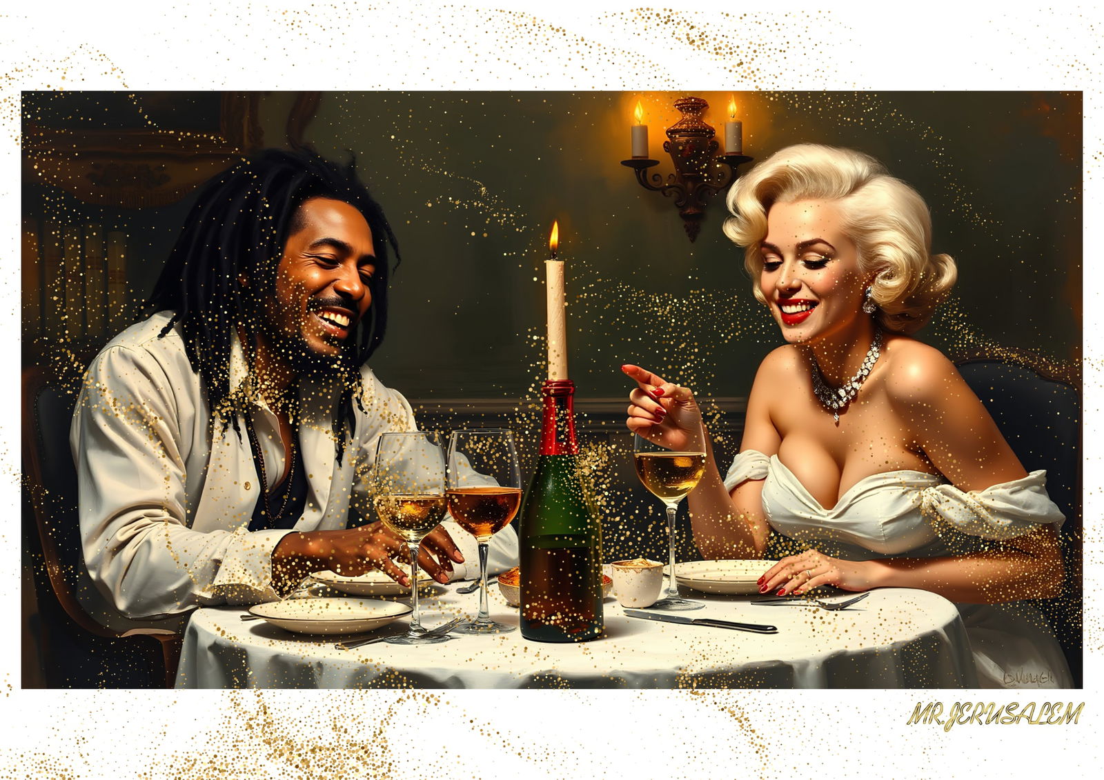 "Mr.Jerusalem, "Bob Marley having dinner with Marilyn Monroe-D2" "Original, A2 Poster print, s: Original A2 Poster Digital print on paper, Solid Finishing: Classic (250 gsm gloss) Artist Digital signature Stamped / seal Watermark seal Sizes- 420 X594mm Sold unframed