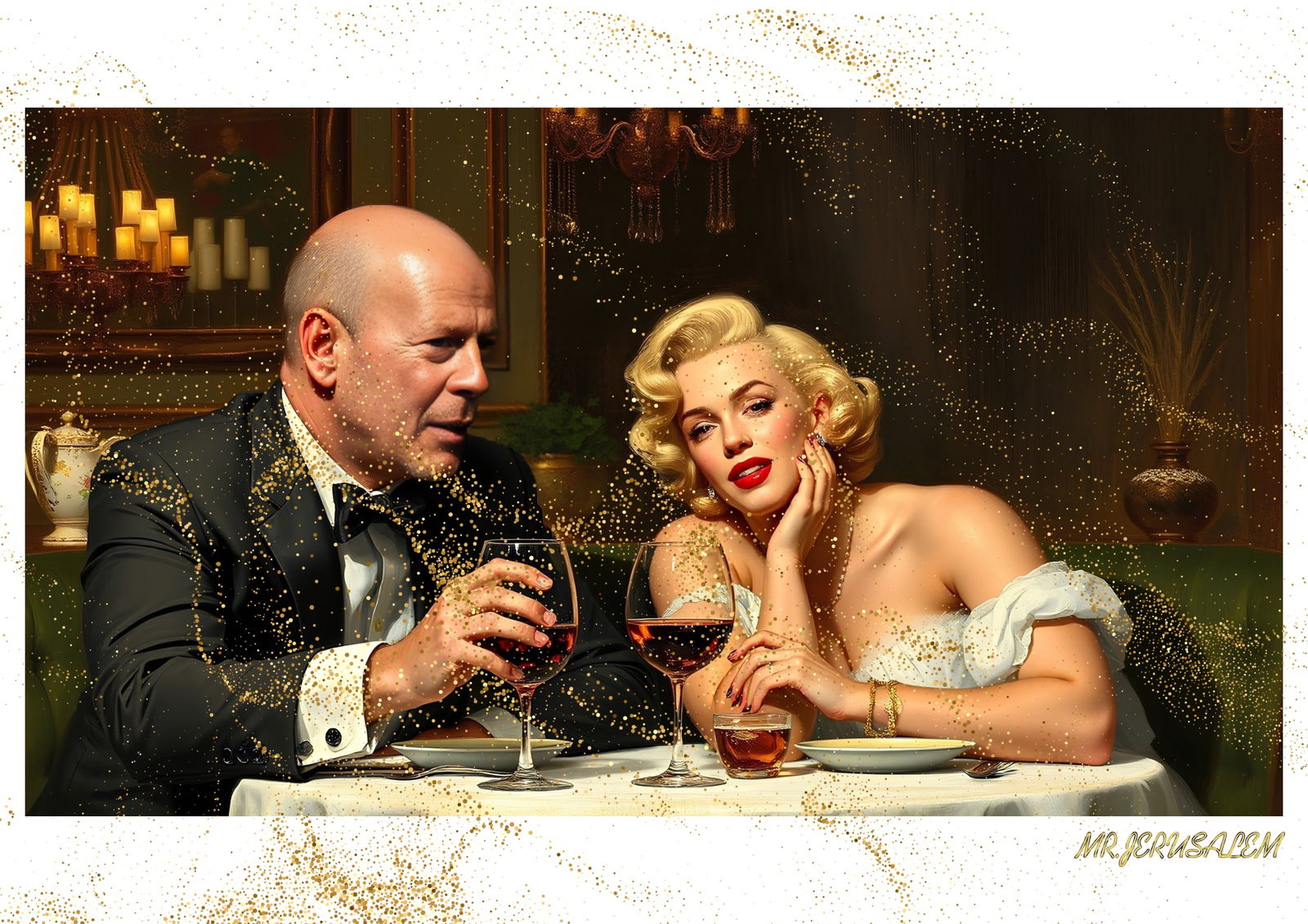 "Mr.Jerusalem, "Bruce Willis having dinner with Marilyn Monroe-D2" "Original, A2 Poster print,: Original A2 Poster Digital print on paper, Solid Finishing: Classic (250 gsm gloss) Artist Digital signature Stamped / seal Watermark seal Sizes- 420 X594mm Sold unframed