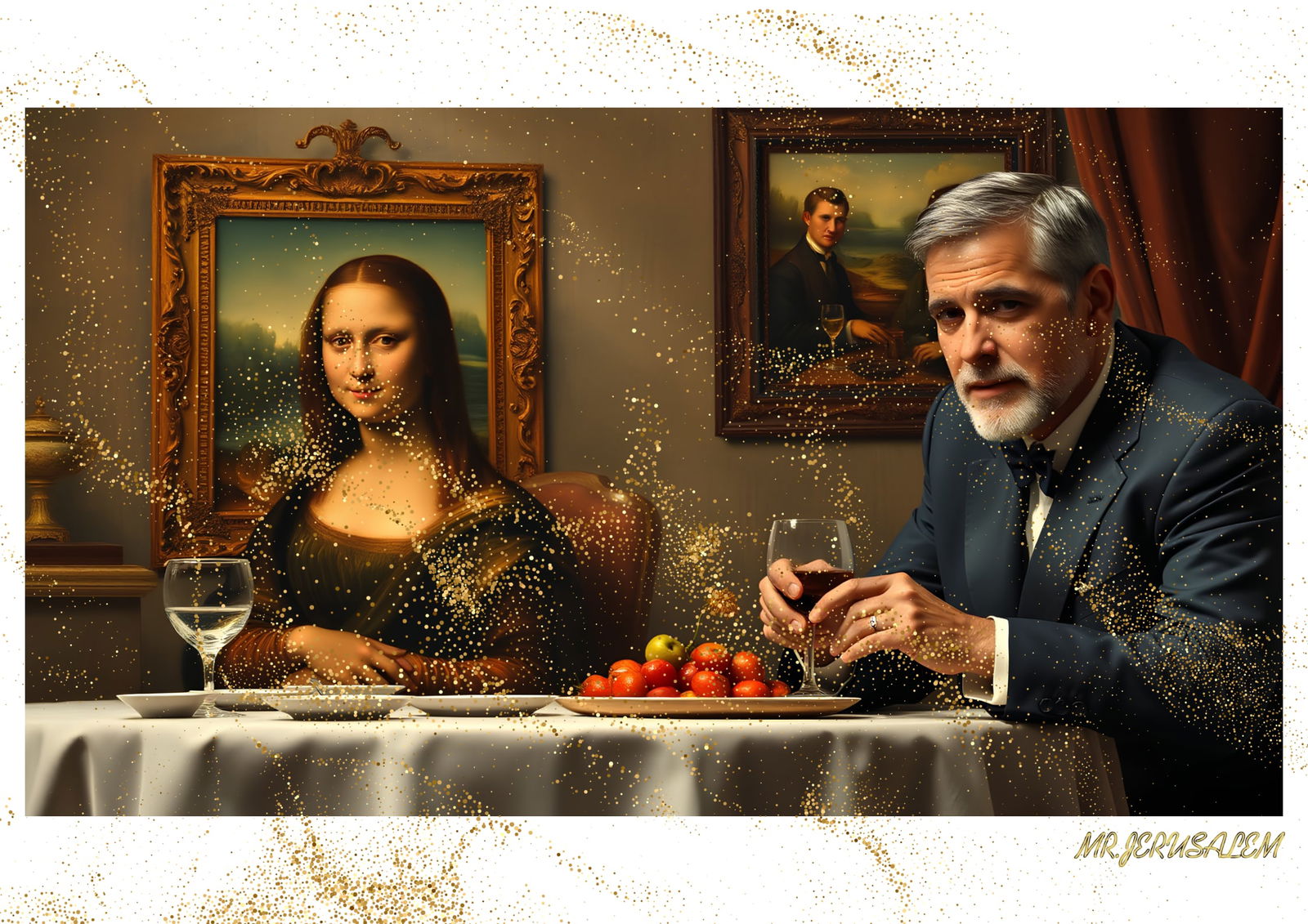 "Mr.Jerusalem, "George Clooney having dinner with Mona Lisa-D2" "Original, A2 Poster print, st: Original A2 Poster Digital print on paper, Solid Finishing: Classic (250 gsm gloss) Artist Digital signature Stamped / seal Watermark seal Sizes- 420 X594mm Sold unframed