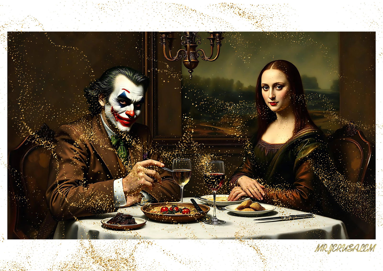 "Mr.Jerusalem, "Joker having dinner with Mona Lisa-D1" "Original, A2 Poster print, stamped. Wa: Original A2 Poster Digital print on paper, Solid Finishing: Classic (250 gsm gloss) Artist Digital signature Stamped / seal Watermark seal Sizes- 420 X594mm Sold unframed