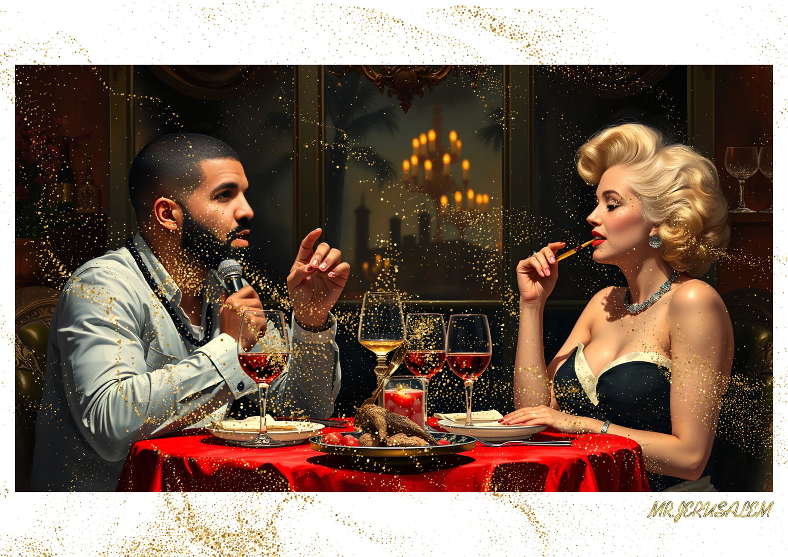 "Mr.Jerusalem, "Drake having dinner with Marilyn Monroe-D1" "Original, A2 Poster print, stampe: Original A2 Poster Digital print on paper, Solid Finishing: Classic (250 gsm gloss) Artist Digital signature Stamped / seal Watermark seal Sizes- 420 X594mm Sold unframed