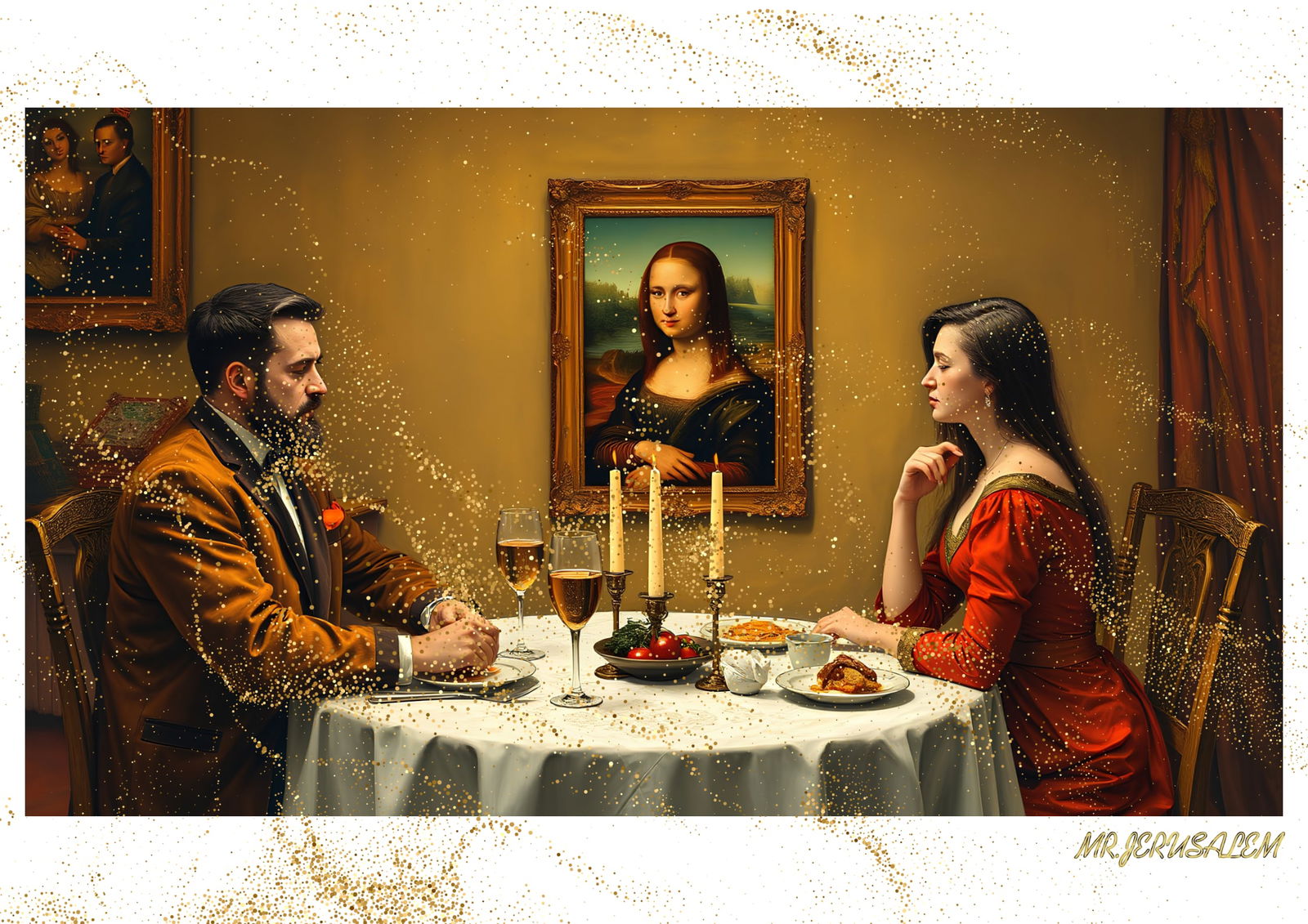 "Mr.Jerusalem, "Gustav Klimt having dinner with Mona Lisa-D2" "Original, A2 Poster print, stam: Original A2 Poster Digital print on paper, Solid Finishing: Classic (250 gsm gloss) Artist Digital signature Stamped / seal Watermark seal Sizes- 420 X594mm Sold unframed