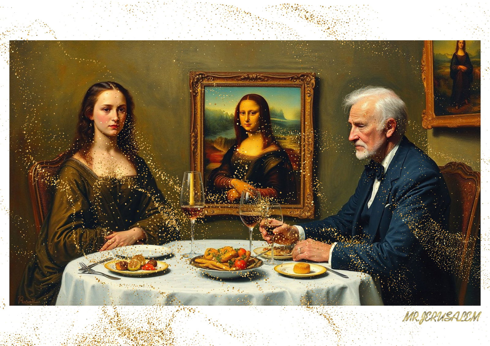 "Mr.Jerusalem, "Max Ernst having dinner with Mona Lisa-D1" "Original, A2 Poster print, stamped: Original A2 Poster Digital print on paper, Solid Finishing: Classic (250 gsm gloss) Artist Digital signature Stamped / seal Watermark seal Sizes- 420 X594mm Sold unframed