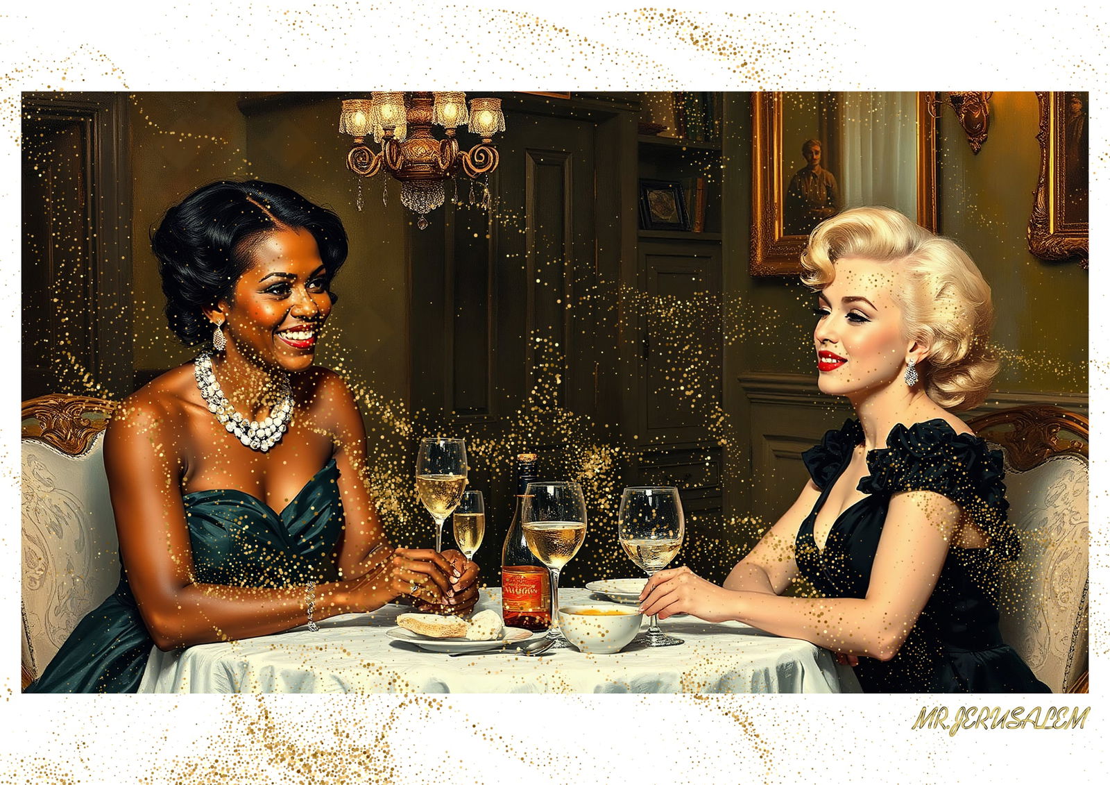 "Mr.Jerusalem, "Michelle Obama having dinner with Marilyn Monroe-D1" "Original, A2 Poster prin: Original A2 Poster Digital print on paper, Solid Finishing: Classic (250 gsm gloss) Artist Digital signature Stamped / seal Watermark seal Sizes- 420 X594mm Sold unframed