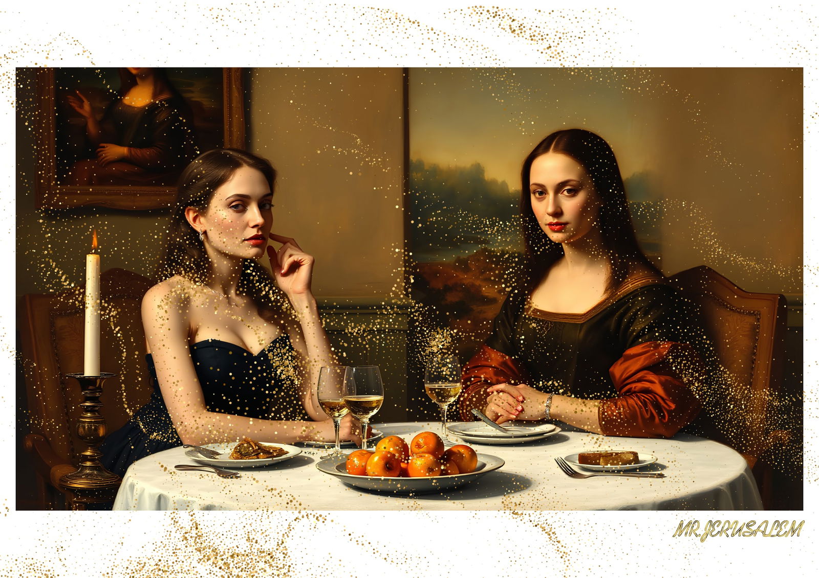 "Mr.Jerusalem, "Angelina Jolie having dinner with Mona Lisa-D1" "Original, A2 Poster print, st: Original A2 Poster Digital print on paper, Solid Finishing: Classic (250 gsm gloss) Artist Digital signature Stamped / seal Watermark seal Sizes- 420 X594mm Sold unframed