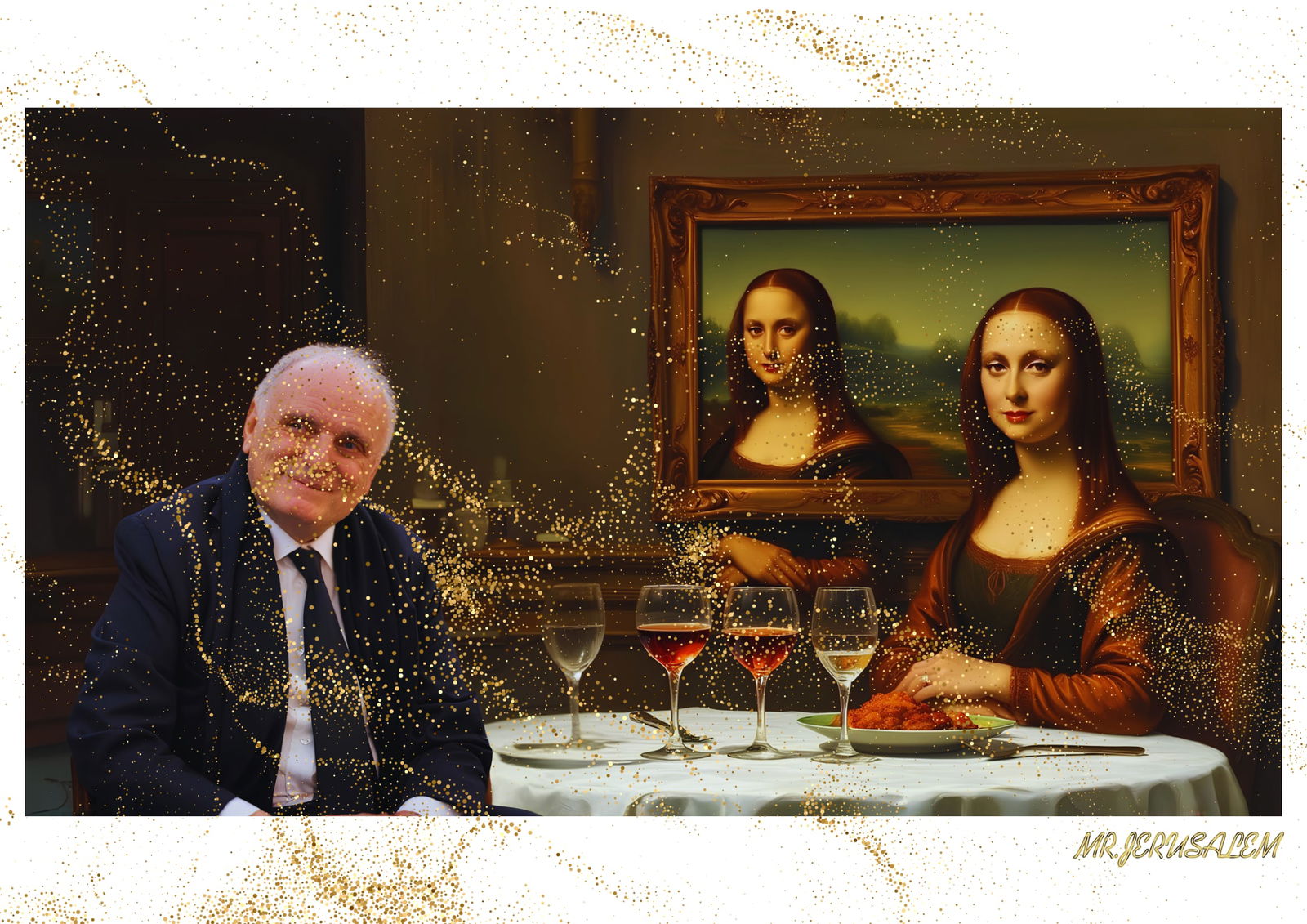 "Mr.Jerusalem, "David Nahmad having dinner with Mona Lisa-D1" "Original, A2 Poster print, stam: Original A2 Poster Digital print on paper, Solid Finishing: Classic (250 gsm gloss) Artist Digital signature Stamped / seal Watermark seal Sizes- 420 X594mm Sold unframed