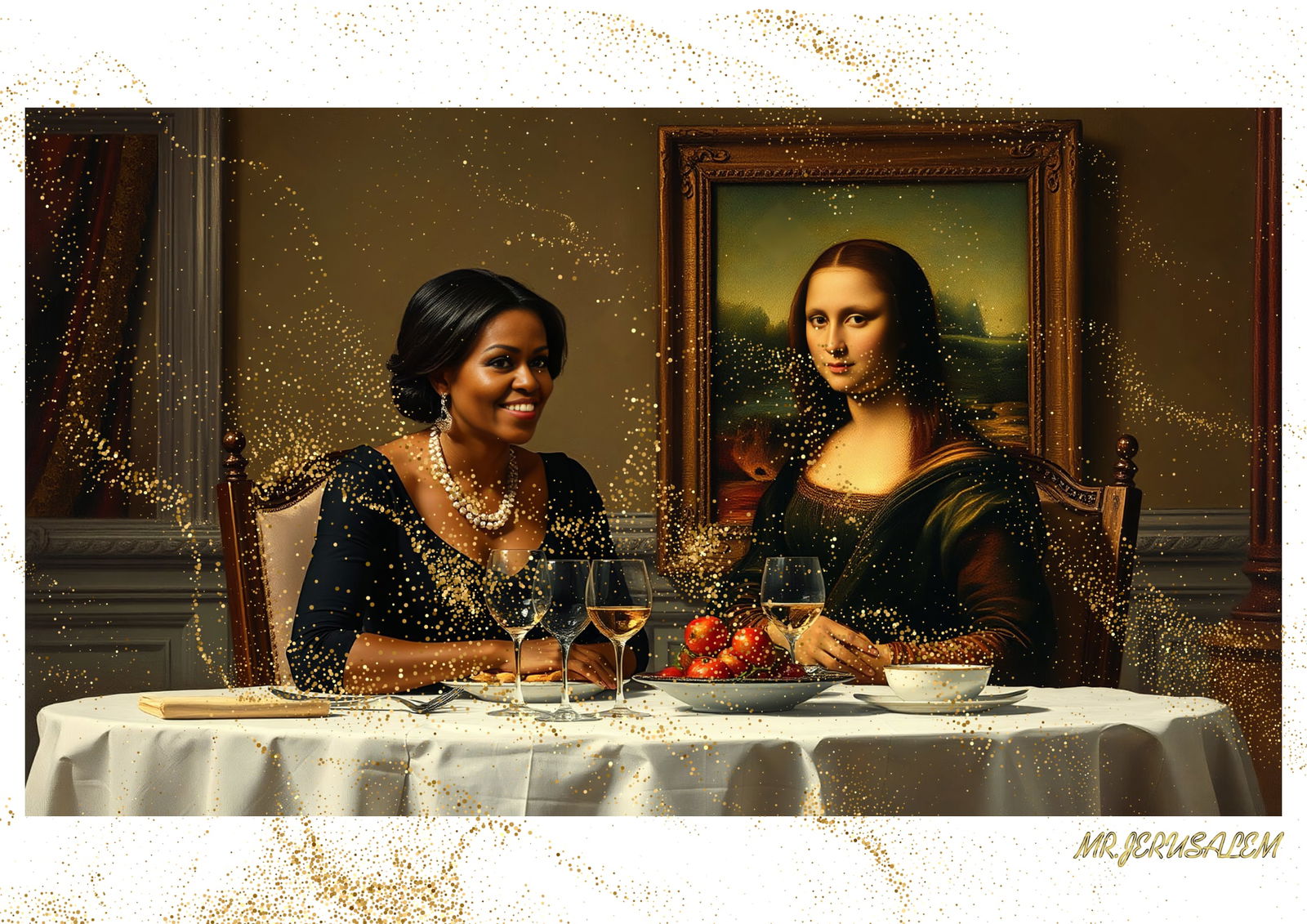 "Mr.Jerusalem, "Michelle Obama having dinner with Mona Lisa-D1" "Original, A2 Poster print, st: Original A2 Poster Digital print on paper, Solid Finishing: Classic (250 gsm gloss) Artist Digital signature Stamped / seal Watermark seal Sizes- 420 X594mm Sold unframed