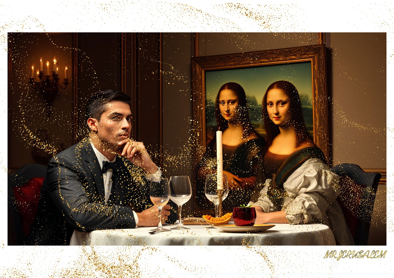 "Mr.Jerusalem, "Cristiano Ronaldo having dinner with Mona Lisa-D1" "Original, A2 Poster print,: Original A2 Poster Digital print on paper, Solid Finishing: Classic (250 gsm gloss) Artist Digital signature Stamped / seal Watermark seal Sizes- 420 X594mm Sold unframed