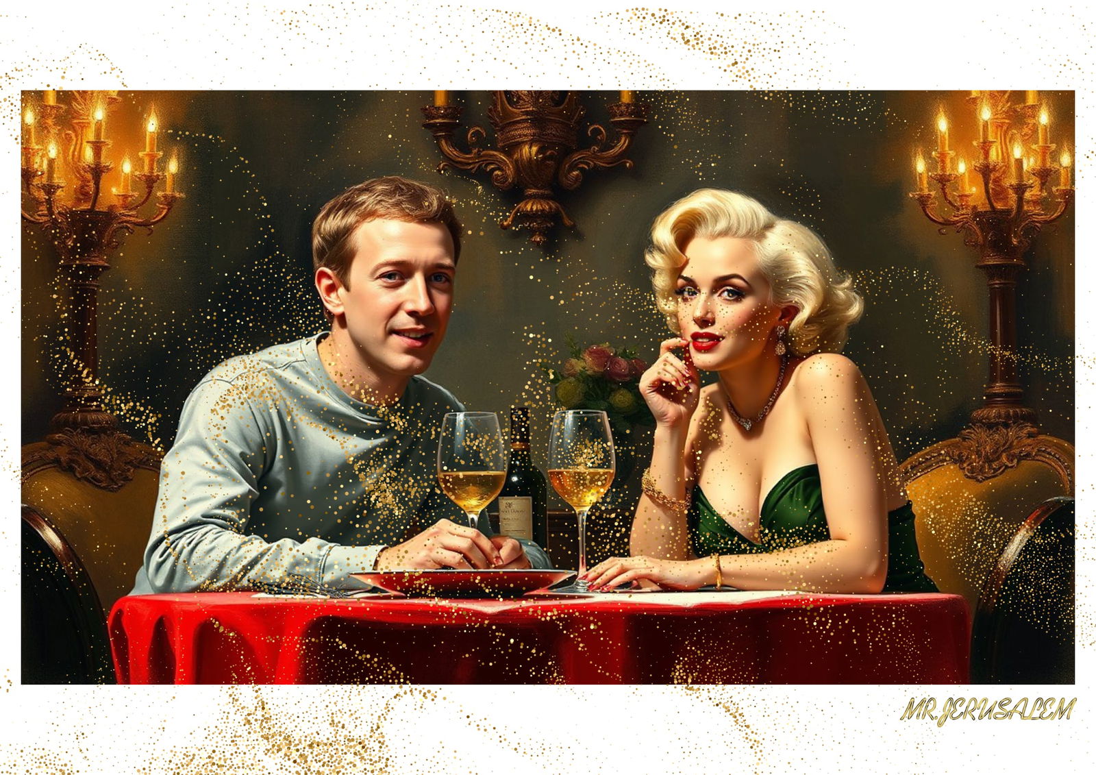 "Mr.Jerusalem, "Mark Zuckerberg having dinner with Marilyn Monroe-D2" "Original, A2 Poster pri: Original A2 Poster Digital print on paper, Solid Finishing: Classic (250 gsm gloss) Artist Digital signature Stamped / seal Watermark seal Sizes- 420 X594mm Sold unframed