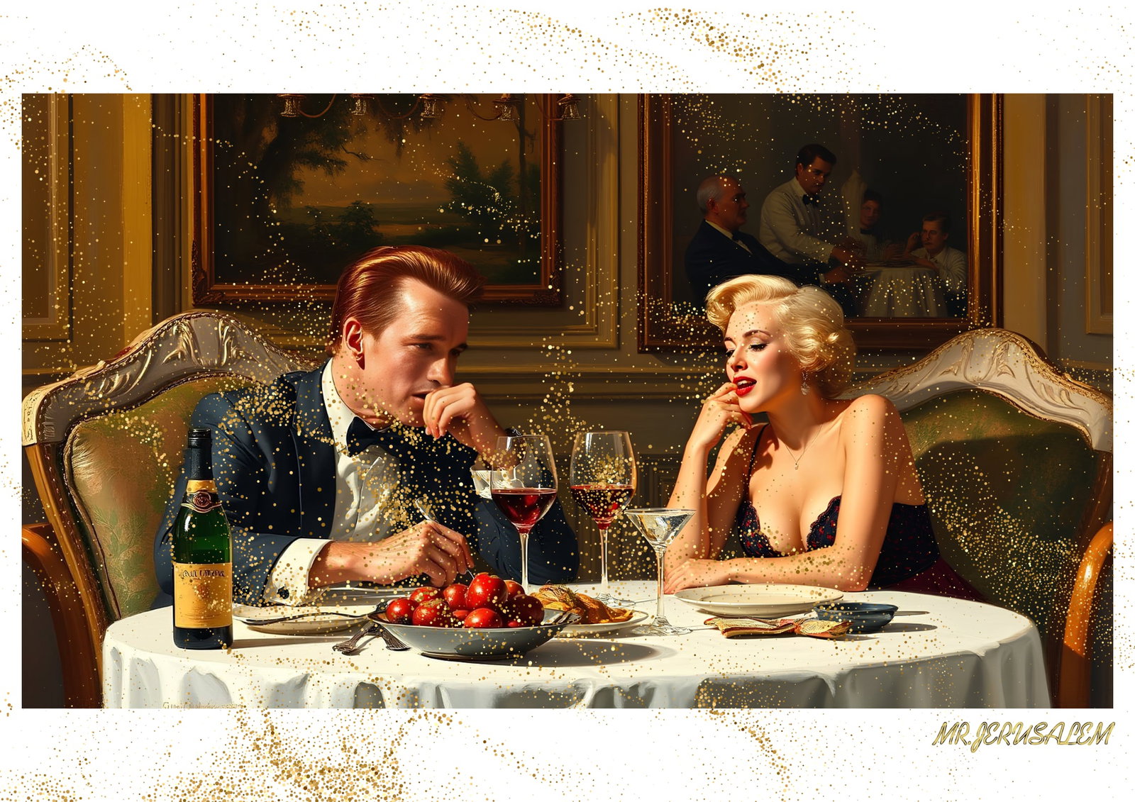 "Mr.Jerusalem, "Arnold Schwarzenegger having dinner with Marilyn Monroe-D2" "Original, A2 Post: Original A2 Poster Digital print on paper, Solid Finishing: Classic (250 gsm gloss) Artist Digital signature Stamped / seal Watermark seal Sizes- 420 X594mm Sold unframed