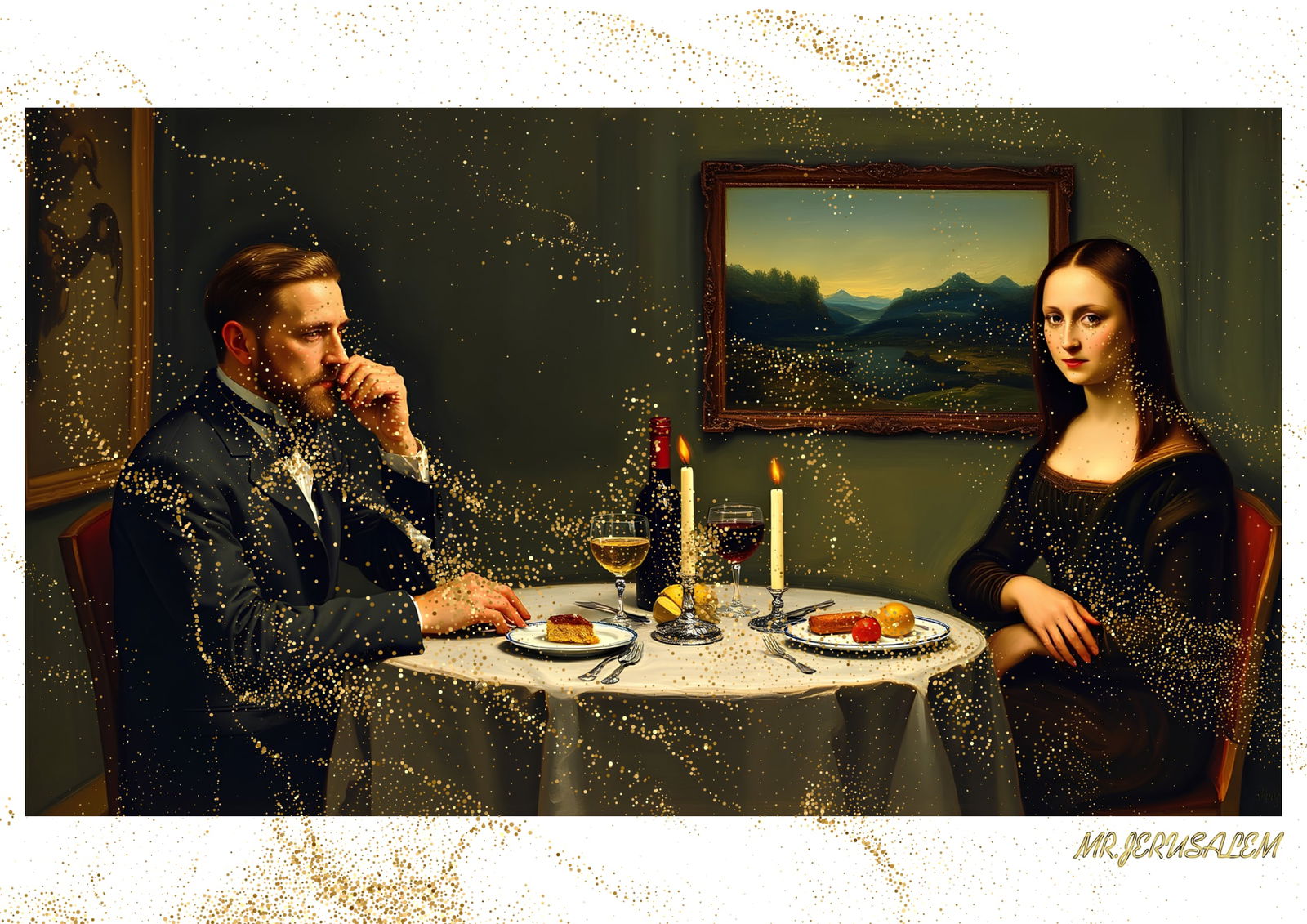 "Mr.Jerusalem, "Edvard Munch having dinner with Mona Lisa-D2" "Original, A2 Poster print, stam: Original A2 Poster Digital print on paper, Solid Finishing: Classic (250 gsm gloss) Artist Digital signature Stamped / seal Watermark seal Sizes- 420 X594mm Sold unframed