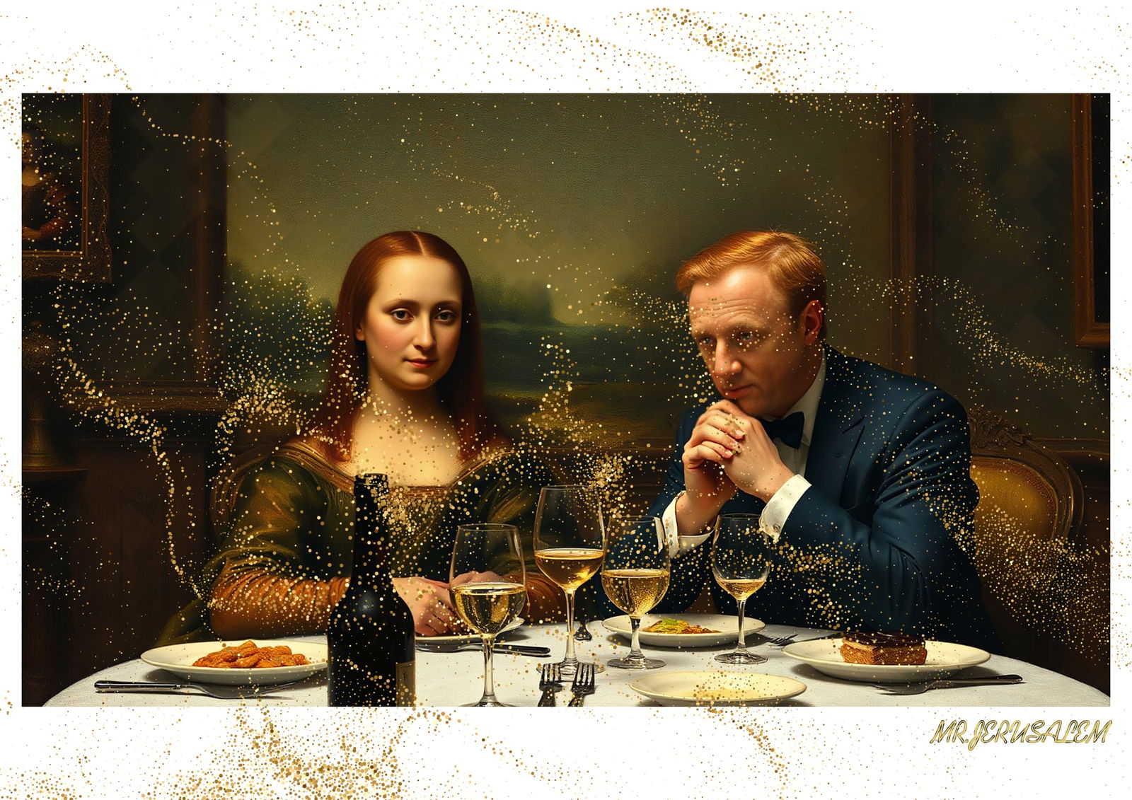 "Mr.Jerusalem, "Francois-Henri Pinault having dinner with Mona Lisa-D2" "Original, A2 Poster p: Original A2 Poster Digital print on paper, Solid Finishing: Classic (250 gsm gloss) Artist Digital signature Stamped / seal Watermark seal Sizes- 420 X594mm Sold unframed