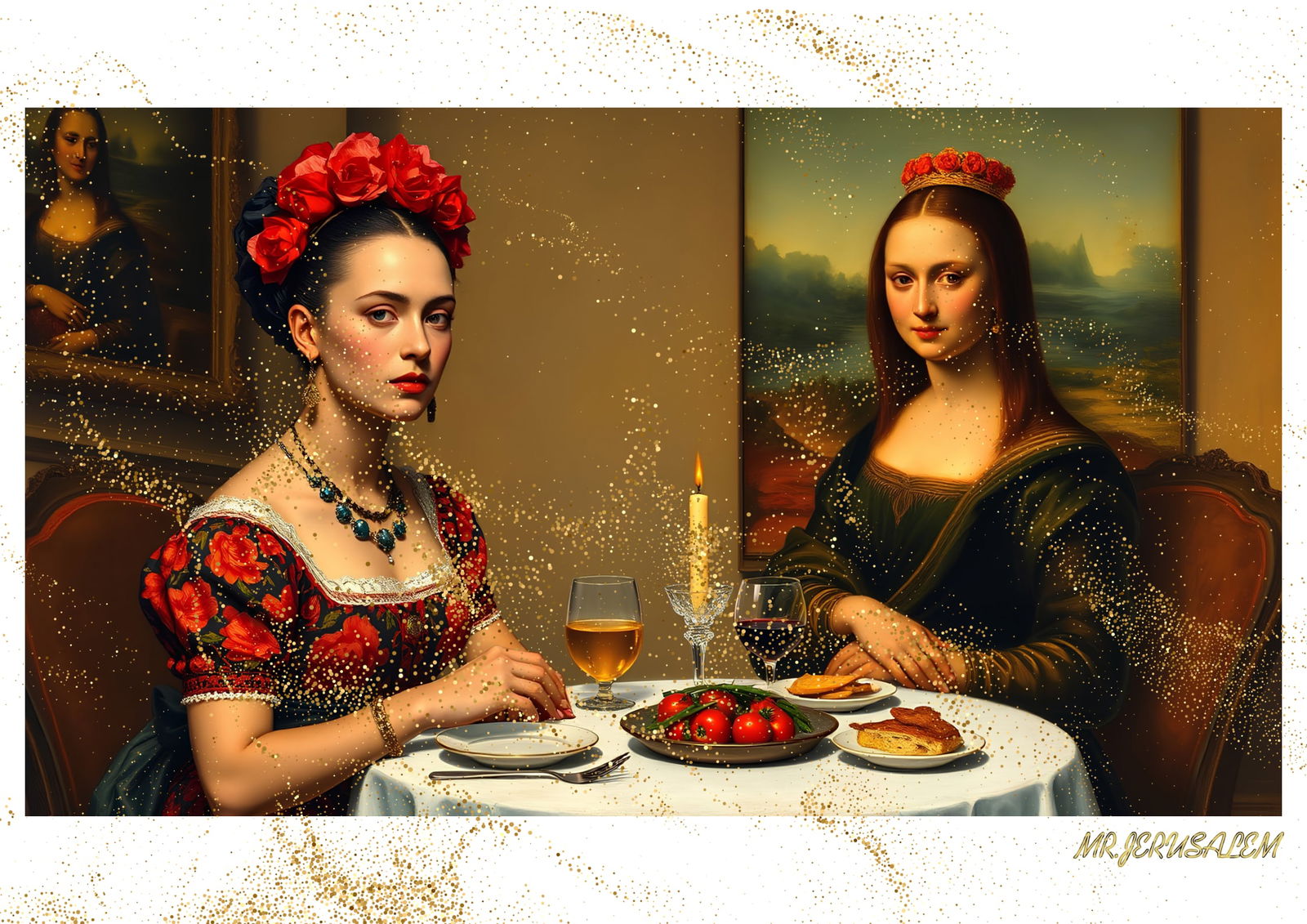 "Mr.Jerusalem, "Frida Kahlo having dinner with Mona Lisa-D1" "Original, A2 Poster print, stamp: Original A2 Poster Digital print on paper, Solid Finishing: Classic (250 gsm gloss) Artist Digital signature Stamped / seal Watermark seal Sizes- 420 X594mm Sold unframed
