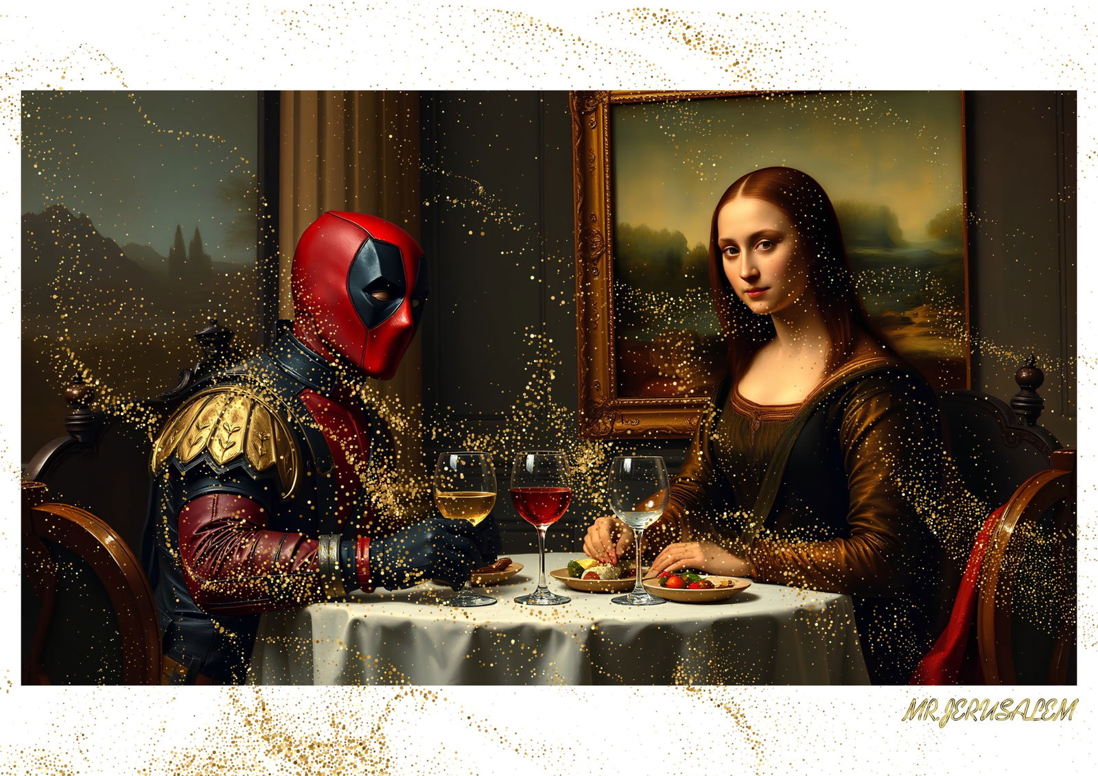 "Mr.Jerusalem, "Deadpool having dinner with Mona Lisa-D1" "Original, A2 Poster print, stamped.: Original A2 Poster Digital print on paper, Solid Finishing: Classic (250 gsm gloss) Artist Digital signature Stamped / seal Watermark seal Sizes- 420 X594mm Sold unframed