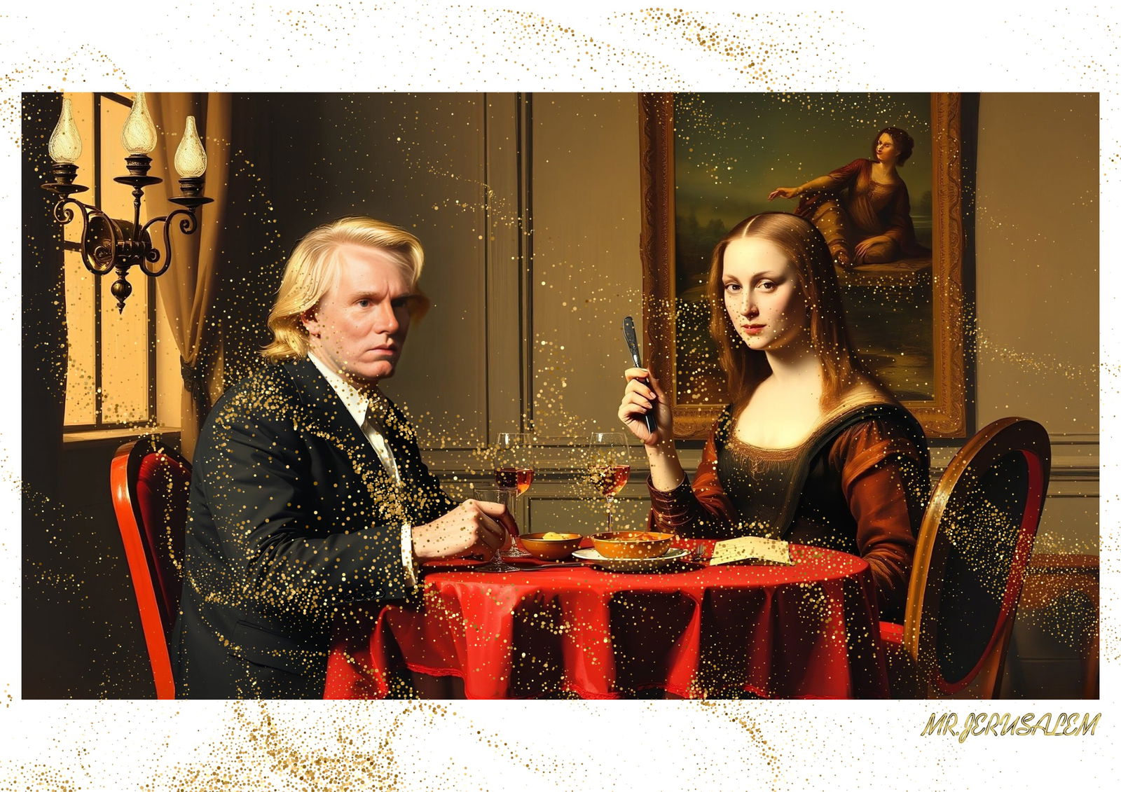 "Mr.Jerusalem, "Andy Warhol having dinner with Mona Lisa-D2" "Original, A2 Poster print, stamp: Original A2 Poster Digital print on paper, Solid Finishing: Classic (250 gsm gloss) Artist Digital signature Stamped / seal Watermark seal Sizes- 420 X594mm Sold unframed