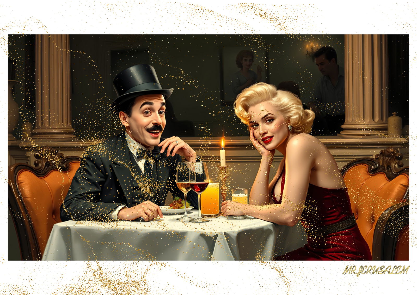 "Mr.Jerusalem, "Charlie Chaplin having dinner with Marilyn Monroe-D2" "Original, A2 Poster pri: Original A2 Poster Digital print on paper, Solid Finishing: Classic (250 gsm gloss) Artist Digital signature Stamped / seal Watermark seal Sizes- 420 X594mm Sold unframed
