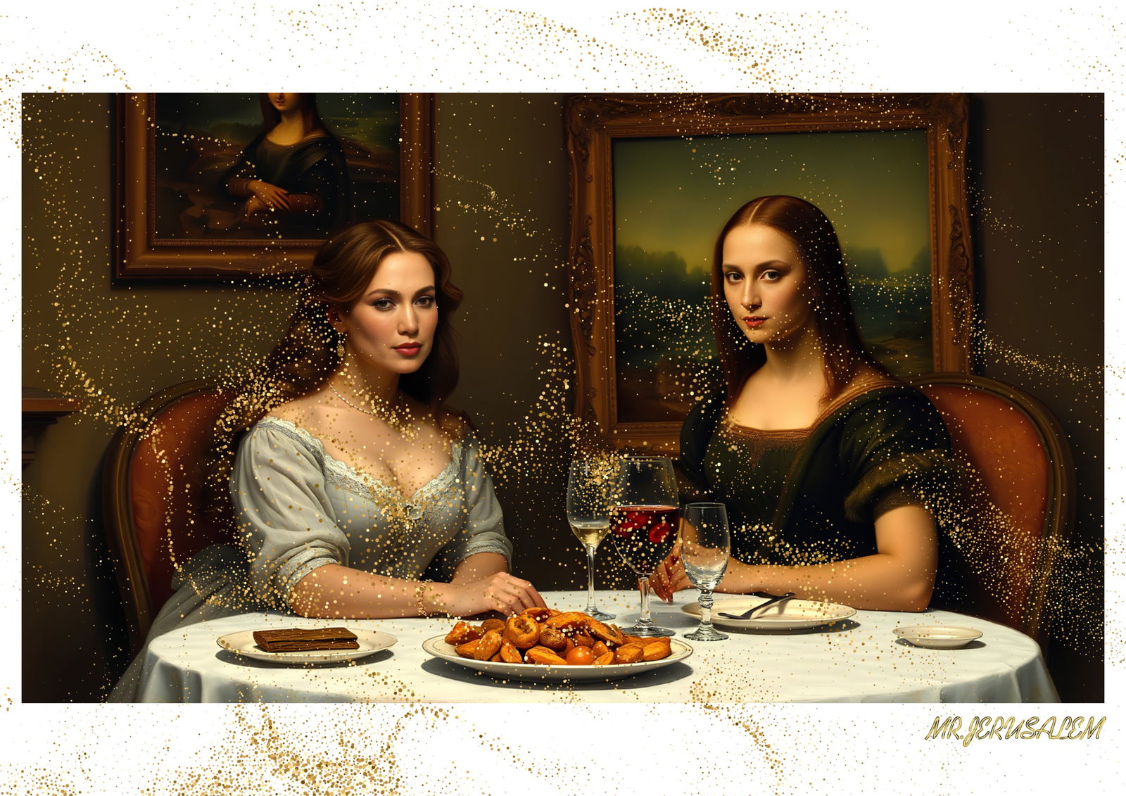 "Mr.Jerusalem, "Jennifer Lopez having dinner with Mona Lisa-D1" "Original, A2 Poster print, st: Original A2 Poster Digital print on paper, Solid Finishing: Classic (250 gsm gloss) Artist Digital signature Stamped / seal Watermark seal Sizes- 420 X594mm Sold unframed