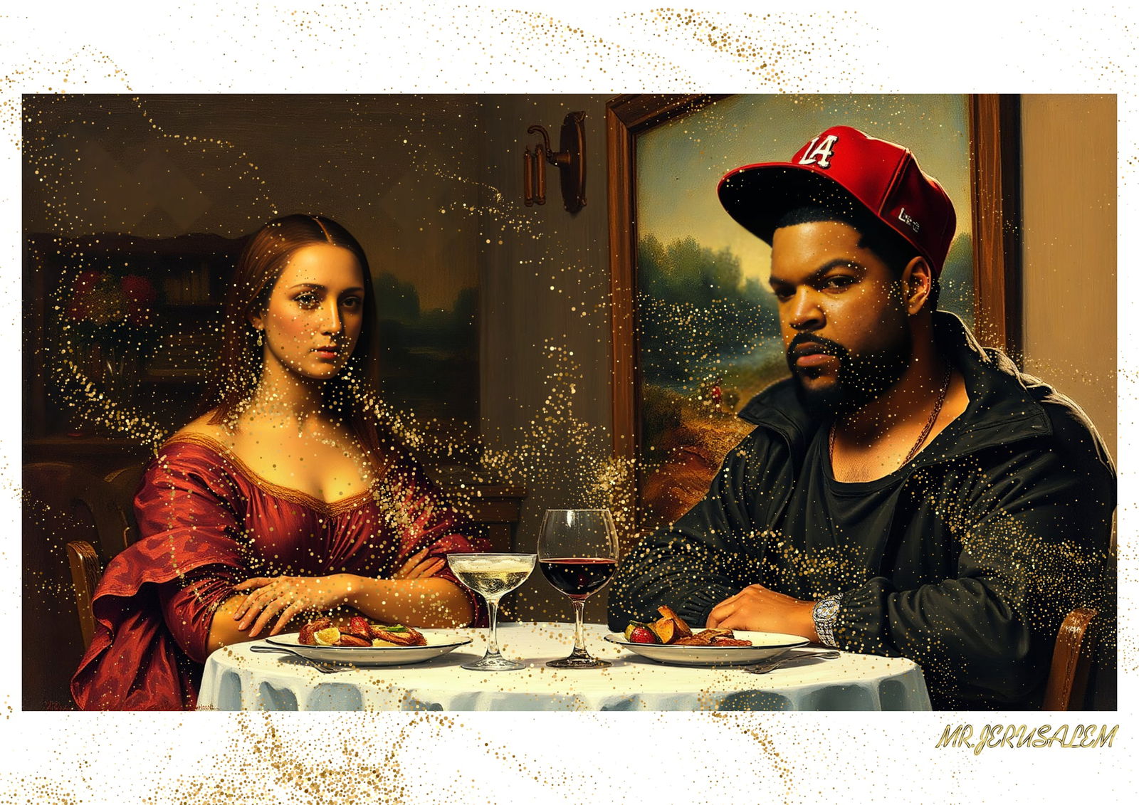 "Mr.Jerusalem, "Ice Cube having dinner with Mona Lisa-D2" "Original, A2 Poster print, stamped.: Original A2 Poster Digital print on paper, Solid Finishing: Classic (250 gsm gloss) Artist Digital signature Stamped / seal Watermark seal Sizes- 420 X594mm Sold unframed