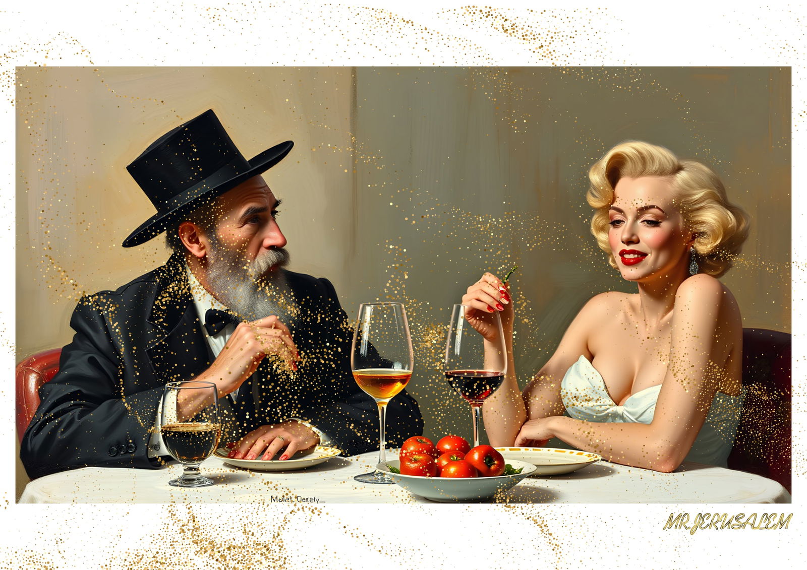 "Mr.Jerusalem, "Henri Mattise having dinner with Marilyn Monroe-D2" "Original, A2 Poster print: Original A2 Poster Digital print on paper, Solid Finishing: Classic (250 gsm gloss) Artist Digital signature Stamped / seal Watermark seal Sizes- 420 X594mm Sold unframed