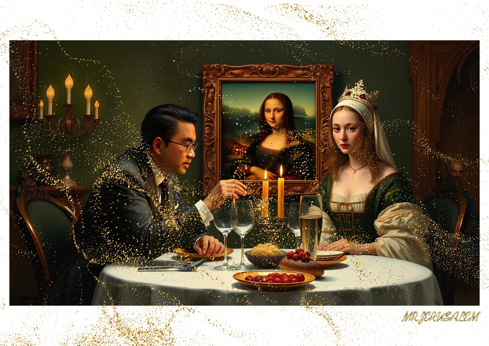 "Mr.Jerusalem, "Adrian Cheng having dinner with Mona Lisa-D1" "Original, A2 Poster print, stam: Original A2 Poster Digital print on paper, Solid Finishing: Classic (250 gsm gloss) Artist Digital signature Stamped / seal Watermark seal Sizes- 420 X594mm Sold unframed