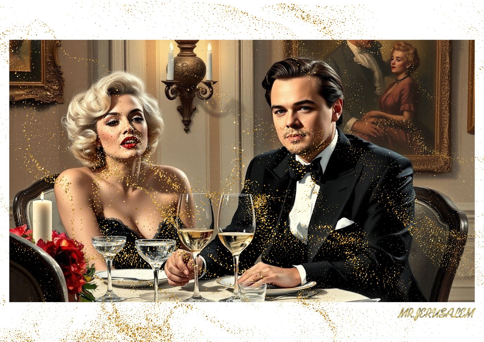 "Mr.Jerusalem, "Leonardo DiCaprio having dinner with Marilyn Monroe-D1" "Original, A2 Poster p: Original A2 Poster Digital print on paper, Solid Finishing: Classic (250 gsm gloss) Artist Digital signature Stamped / seal Watermark seal Sizes- 420 X594mm Sold unframed