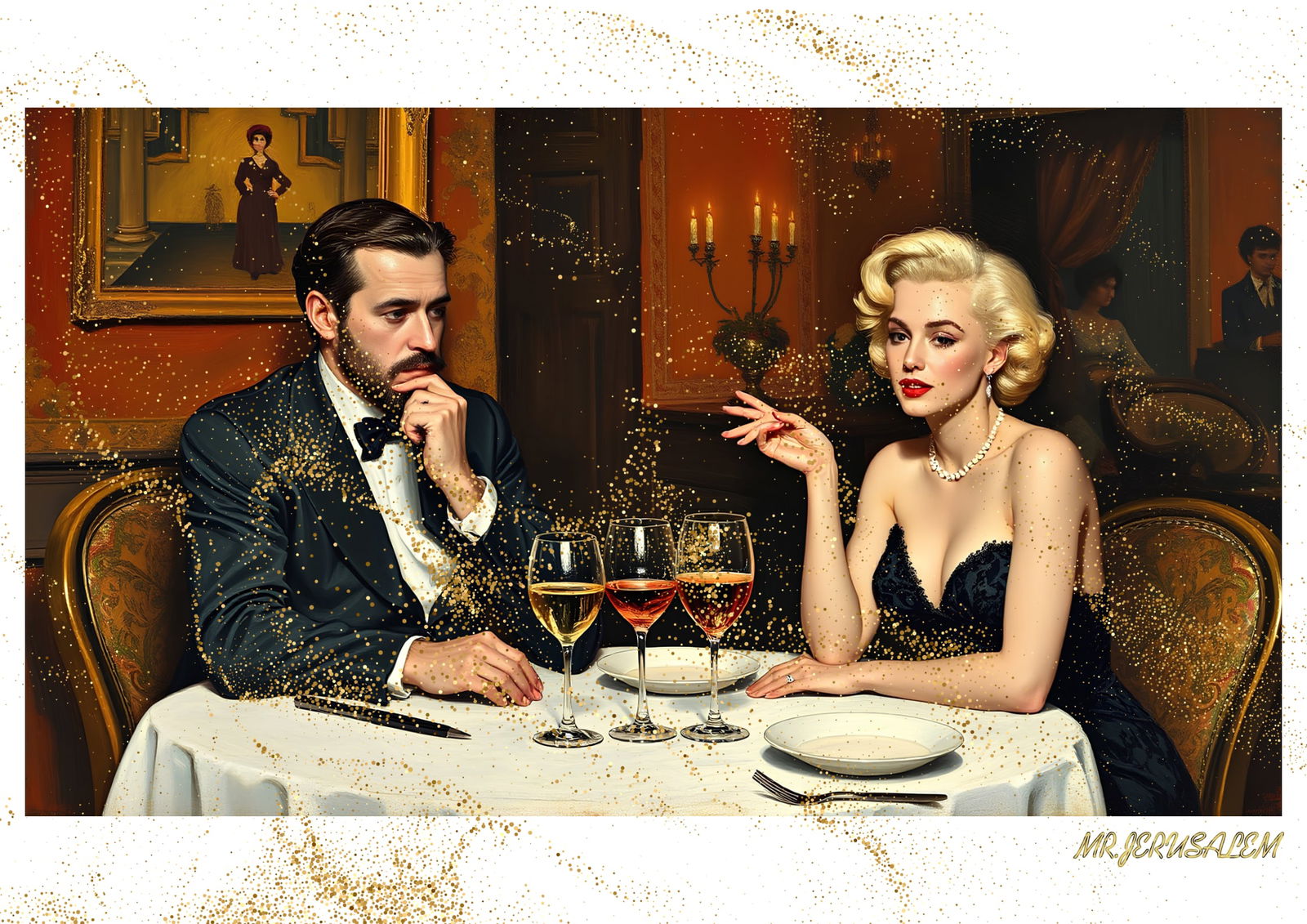 "Mr.Jerusalem, "Gustav Klimt having dinner with Marilyn Monroe-D2" "Original, A2 Poster print,: Original A2 Poster Digital print on paper, Solid Finishing: Classic (250 gsm gloss) Artist Digital signature Stamped / seal Watermark seal Sizes- 420 X594mm Sold unframed