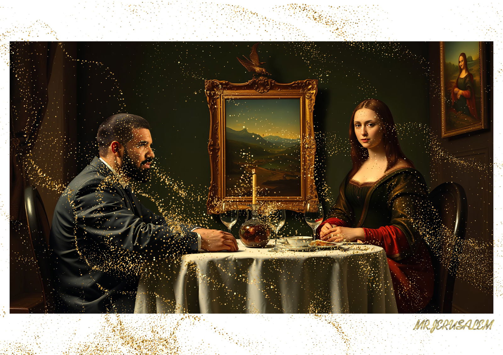 "Mr.Jerusalem, "Drake having dinner with Mona Lisa-D1" "Original, A2 Poster print, stamped. Wa: Original A2 Poster Digital print on paper, Solid Finishing: Classic (250 gsm gloss) Artist Digital signature Stamped / seal Watermark seal Sizes- 420 X594mm Sold unframed