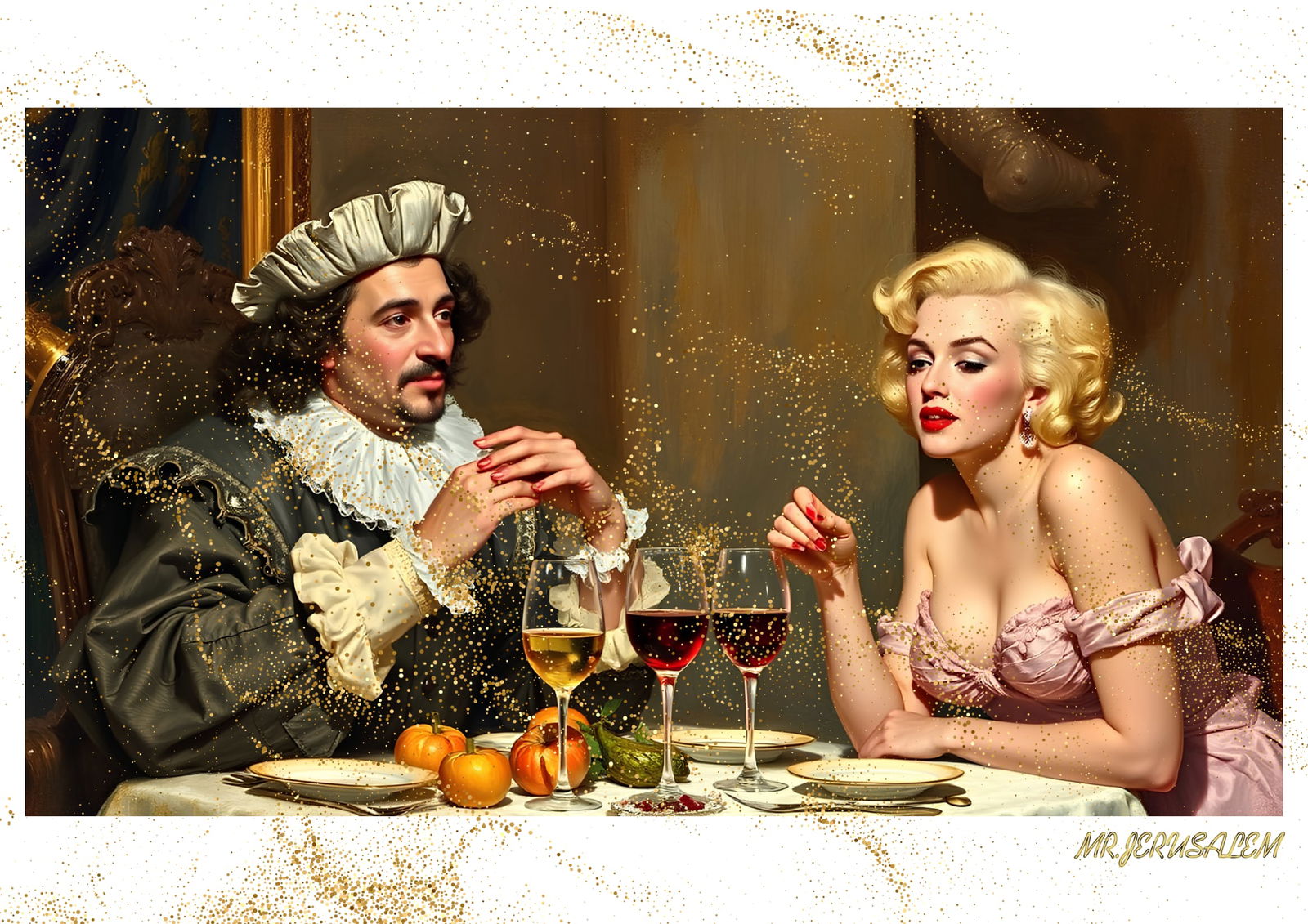 "Mr.Jerusalem, "Christopher Columbus having dinner with Marilyn Monroe-D2" "Original, A2 Poste: Original A2 Poster Digital print on paper, Solid Finishing: Classic (250 gsm gloss) Artist Digital signature Stamped / seal Watermark seal Sizes- 420 X594mm Sold unframed