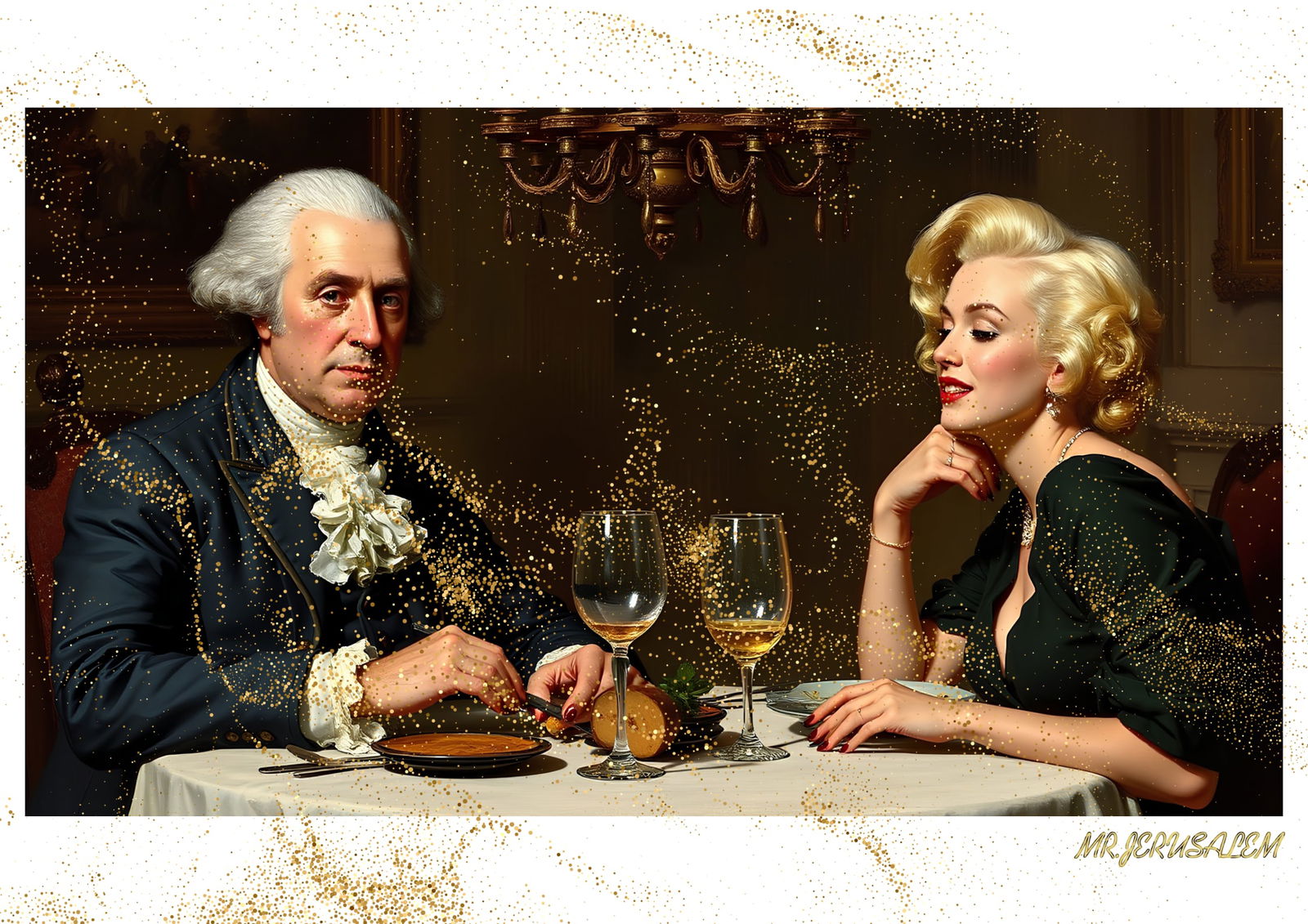 "Mr.Jerusalem, "George Washington having dinner with Marilyn Monroe-D2" "Original, A2 Poster p: Original A2 Poster Digital print on paper, Solid Finishing: Classic (250 gsm gloss) Artist Digital signature Stamped / seal Watermark seal Sizes- 420 X594mm Sold unframed