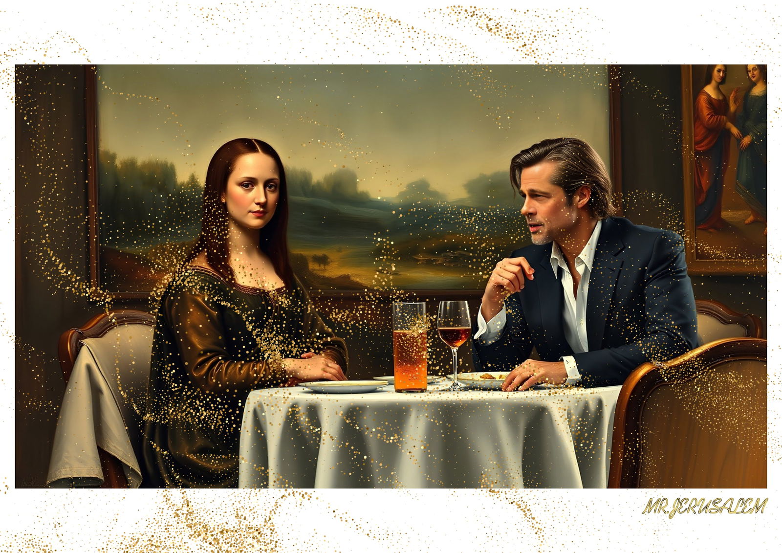 "Mr.Jerusalem, "Brad Pitt having dinner with Mona Lisa-D1" "Original, A2 Poster print, stamped: Original A2 Poster Digital print on paper, Solid Finishing: Classic (250 gsm gloss) Artist Digital signature Stamped / seal Watermark seal Sizes- 420 X594mm Sold unframed