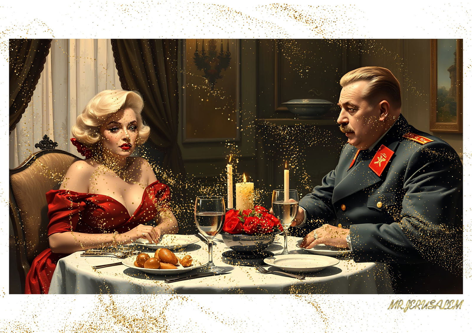 "Mr.Jerusalem, "Joseph Stalin having dinner with Marilyn Monroe-D1" "Original, A2 Poster print: Original A2 Poster Digital print on paper, Solid Finishing: Classic (250 gsm gloss) Artist Digital signature Stamped / seal Watermark seal Sizes- 420 X594mm Sold unframed