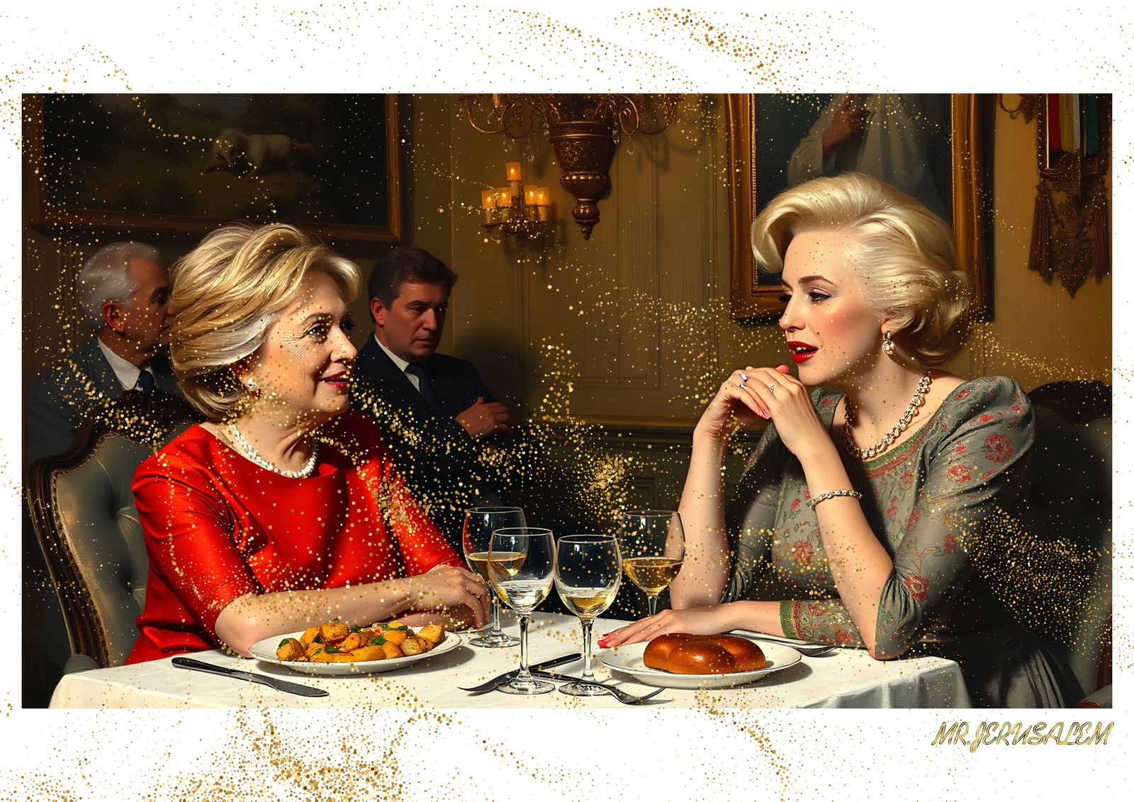 "Mr.Jerusalem, "Hillary Clinton having dinner with Marilyn Monroe-D1" "Original, A2 Poster pri: Original A2 Poster Digital print on paper, Solid Finishing: Classic (250 gsm gloss) Artist Digital signature Stamped / seal Watermark seal Sizes- 420 X594mm Sold unframed
