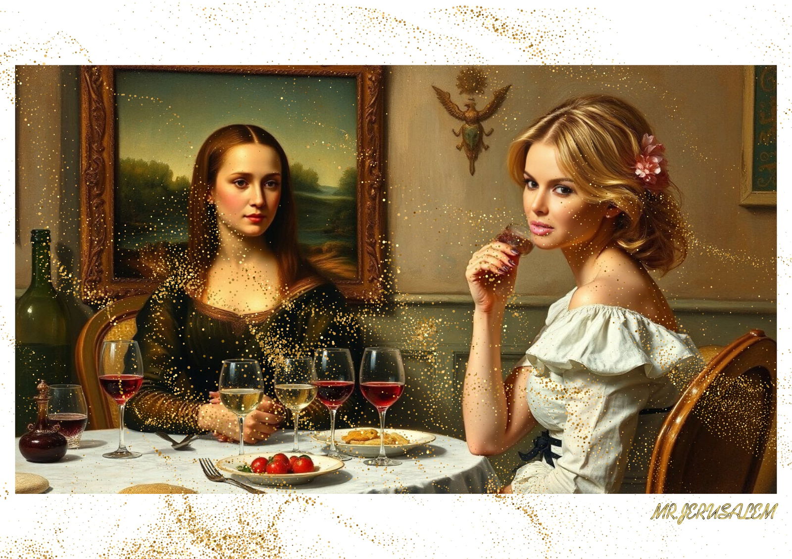 "Mr.Jerusalem, "Amanda Holden having dinner with Mona Lisa-D2" "Original, A2 Poster print, sta (1 of 2)