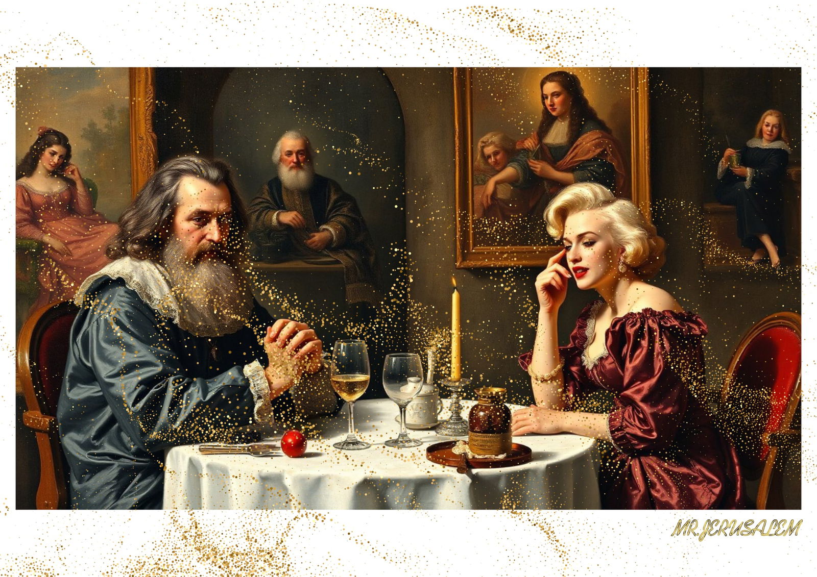 "Mr.Jerusalem, "Leonardo da Vinci having dinner with Marilyn Monroe-D1" "Original, A2 Poster p (1 of 2)