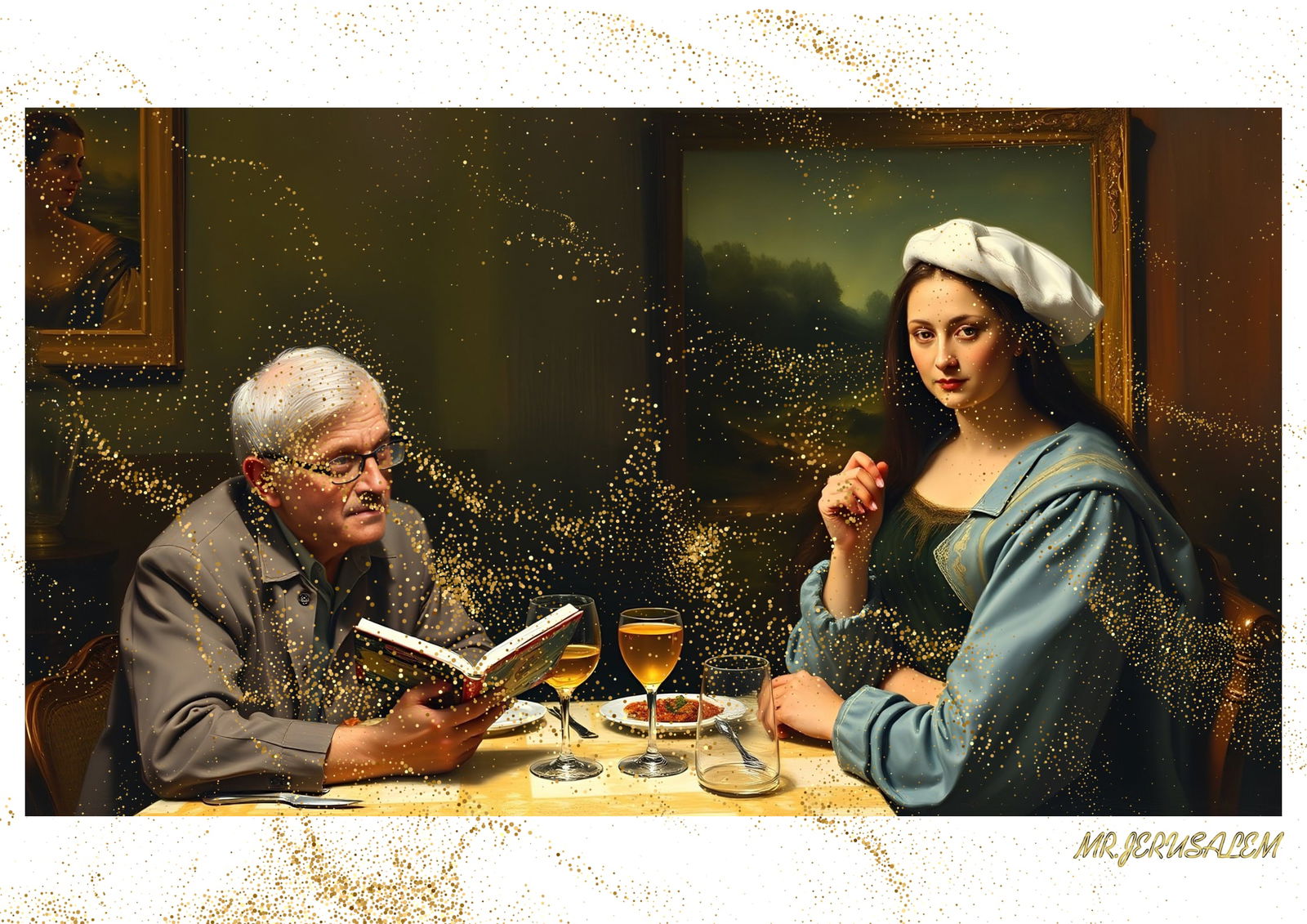 "Mr.Jerusalem, "David Hockney having dinner with Mona Lisa-D2" "Original, A2 Poster print, sta (1 of 2)