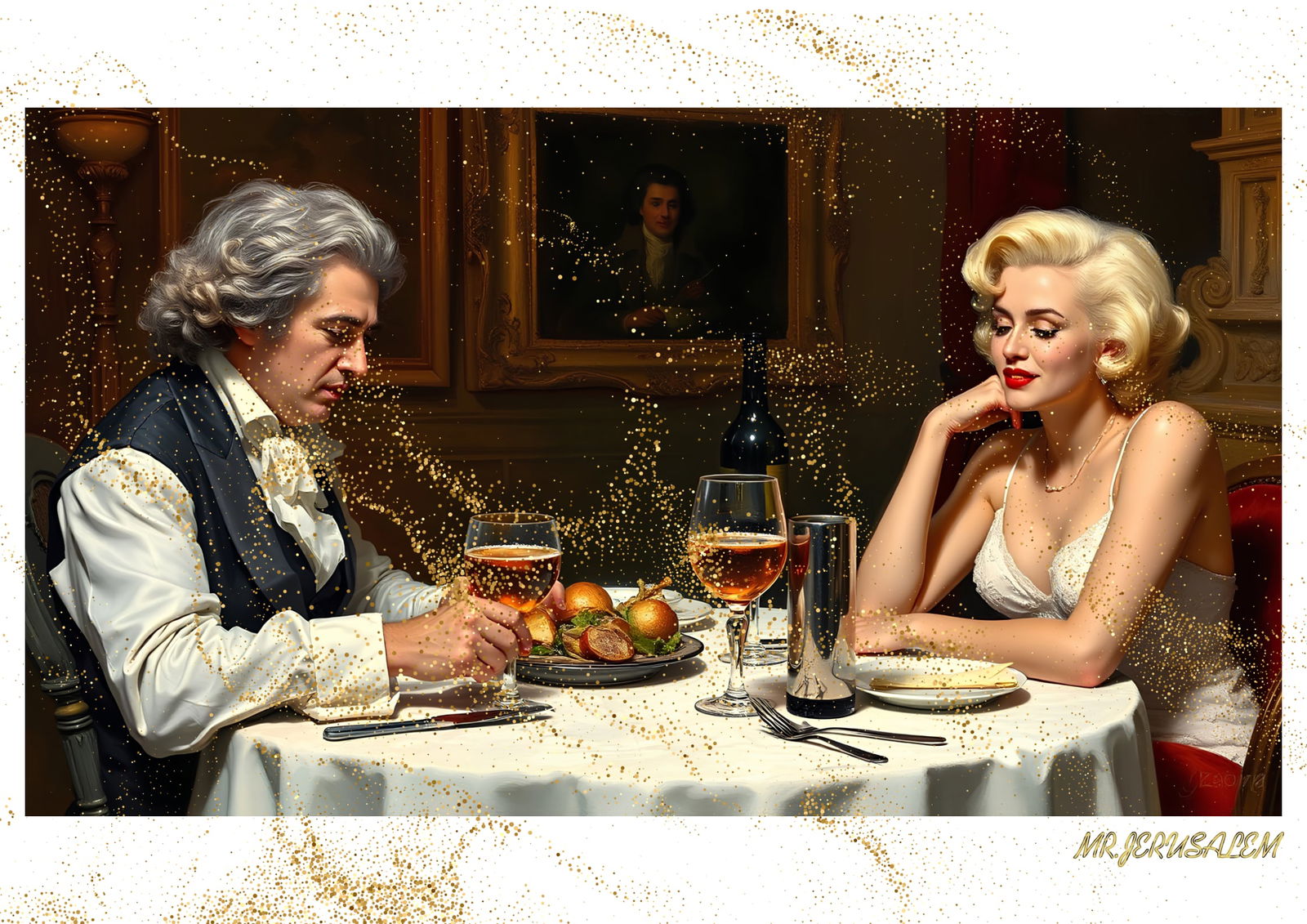 "Mr.Jerusalem, "Beethoven having dinner with Marilyn Monroe-D2" "Original, A2 Poster print, st: Original A2 Poster Digital print on paper, Solid Finishing: Classic (250 gsm gloss) Artist Digital signature Stamped / seal Watermark seal Sizes- 420 X594mm Sold unframed