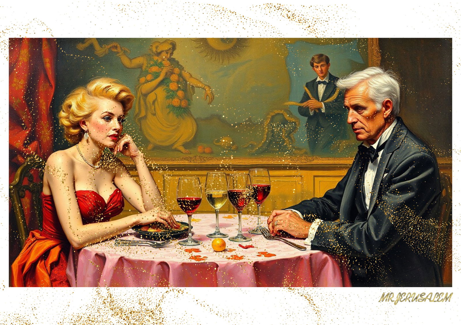 "Mr.Jerusalem, "Max Ernst having dinner with Marilyn Monroe-D1" "Original, A2 Poster print, st: Original A2 Poster Digital print on paper, Solid Finishing: Classic (250 gsm gloss) Artist Digital signature Stamped / seal Watermark seal Sizes- 420 X594mm Sold unframed