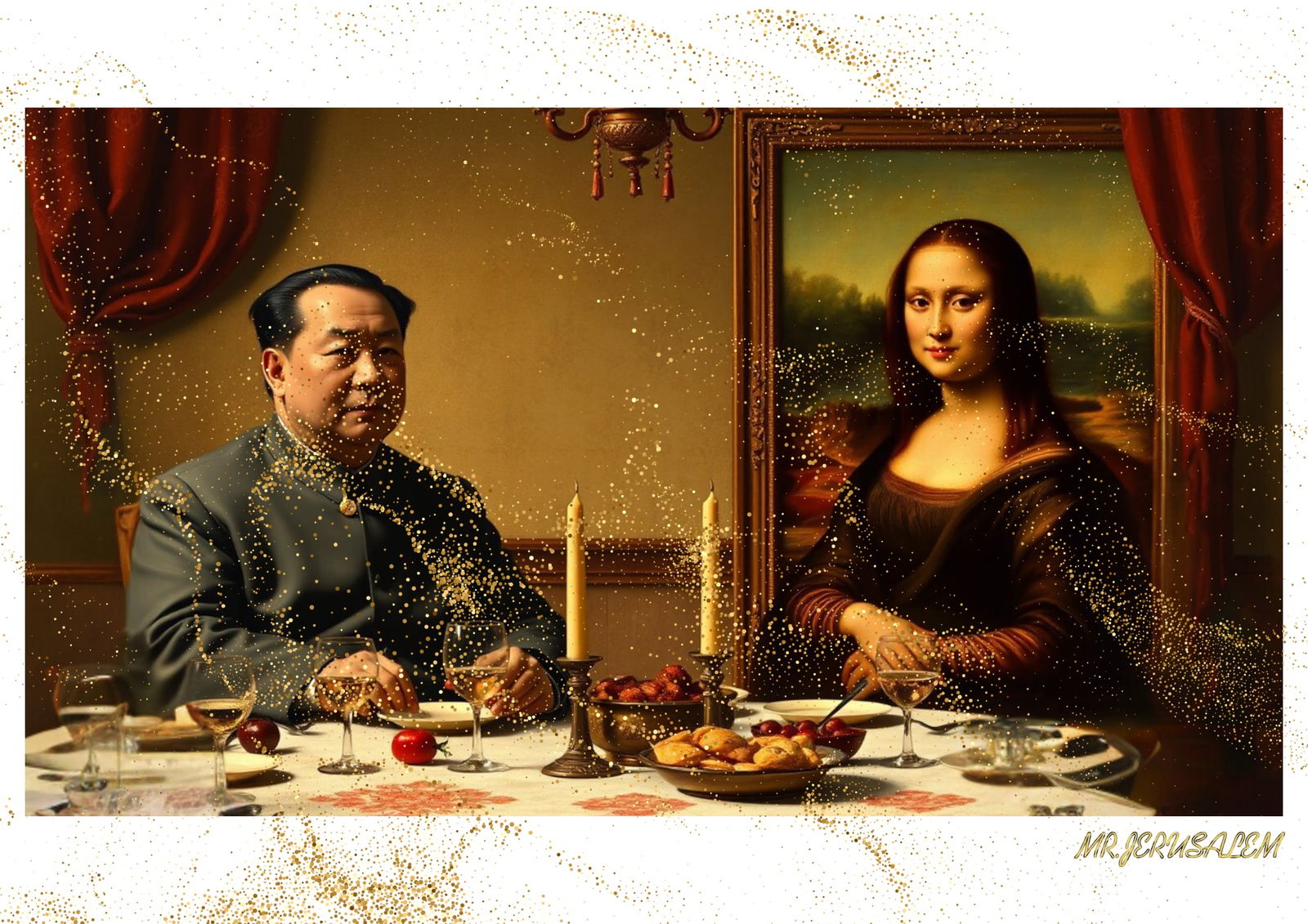 "Mr.Jerusalem, "Mao Zedong having dinner with Mona Lisa-D2" "Original, A2 Poster print, stampe: Original A2 Poster Digital print on paper, Solid Finishing: Classic (250 gsm gloss) Artist Digital signature Stamped / seal Watermark seal Sizes- 420 X594mm Sold unframed