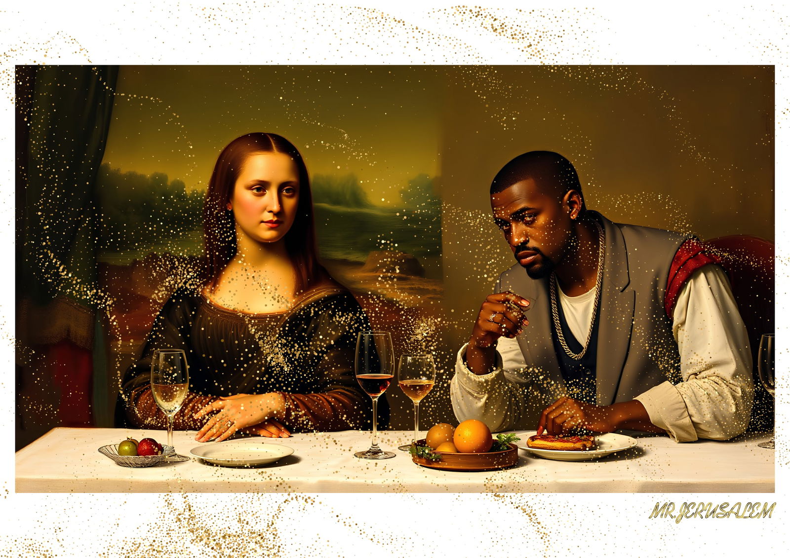 "Mr.Jerusalem, "Kanye West having dinner with Mona Lisa-D1" "Original, A2 Poster print, stampe: Original A2 Poster Digital print on paper, Solid Finishing: Classic (250 gsm gloss) Artist Digital signature Stamped / seal Watermark seal Sizes- 420 X594mm Sold unframed