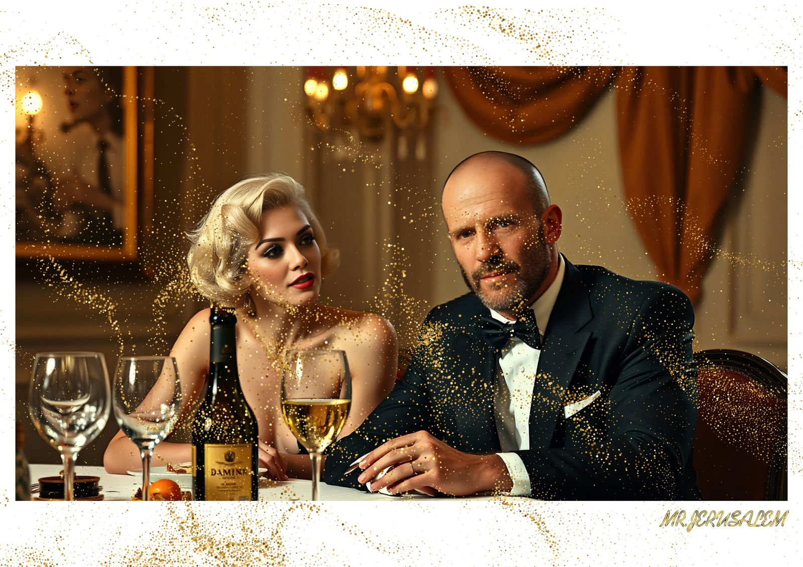 "Mr.Jerusalem, "Jason Statham having dinner with Marilyn Monroe-D1" "Original, A2 Poster print: Original A2 Poster Digital print on paper, Solid Finishing: Classic (250 gsm gloss) Artist Digital signature Stamped / seal Watermark seal Sizes- 420 X594mm Sold unframed