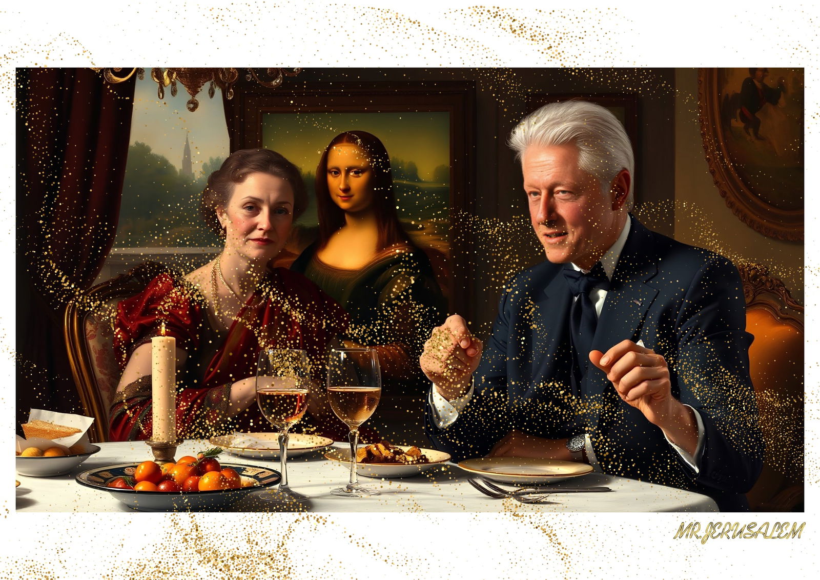 "Mr.Jerusalem, "Bill Clinton having dinner with Mona Lisa-D2" "Original, A2 Poster print, stam: Original A2 Poster Digital print on paper, Solid Finishing: Classic (250 gsm gloss) Artist Digital signature Stamped / seal Watermark seal Sizes- 420 X594mm Sold unframed