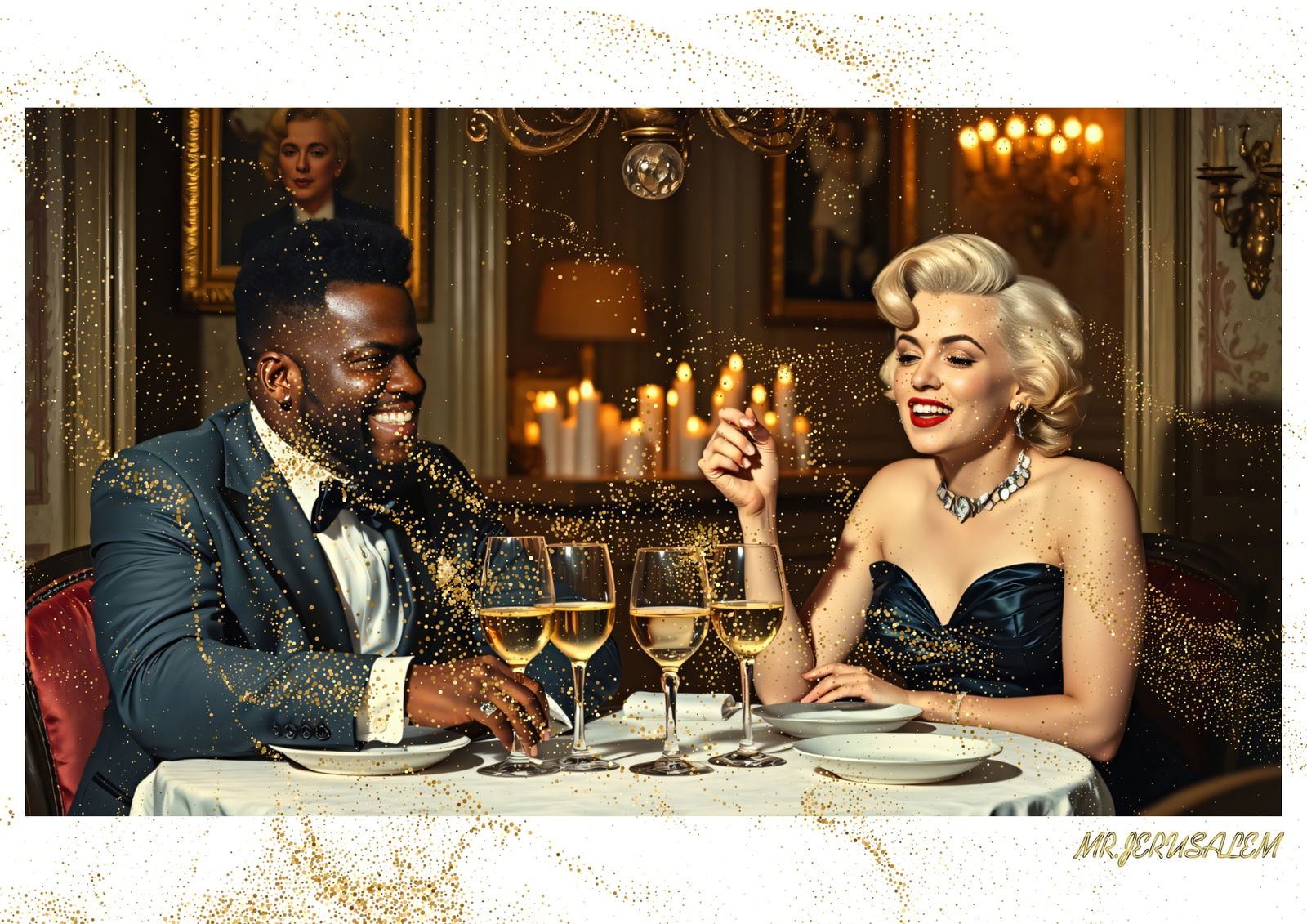 "Mr.Jerusalem, "Kavin Hart having dinner with Marilyn Monroe-D2" "Original, A2 Poster print, s: Original A2 Poster Digital print on paper, Solid Finishing: Classic (250 gsm gloss) Artist Digital signature Stamped / seal Watermark seal Sizes- 420 X594mm Sold unframed
