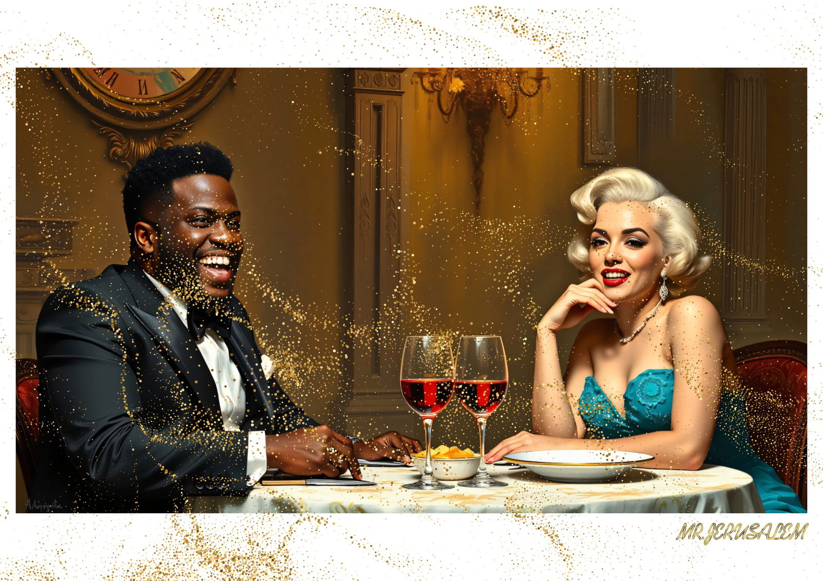 "Mr.Jerusalem, "Kavin Hart having dinner with Marilyn Monroe-D1" "Original, A2 Poster print, s: Original A2 Poster Digital print on paper, Solid Finishing: Classic (250 gsm gloss) Artist Digital signature Stamped / seal Watermark seal Sizes- 420 X594mm Sold unframed